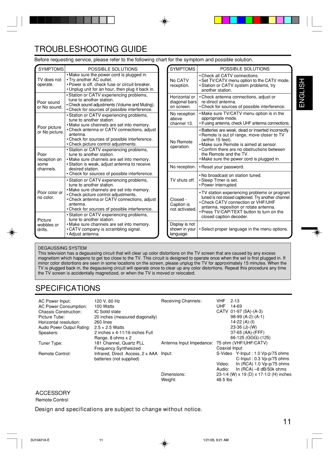 Memorex MT2012 owner manual Troubleshooting Guide, Accessory, Symptoms Possible Solutions, Degaussing System, Vhf Uhf 