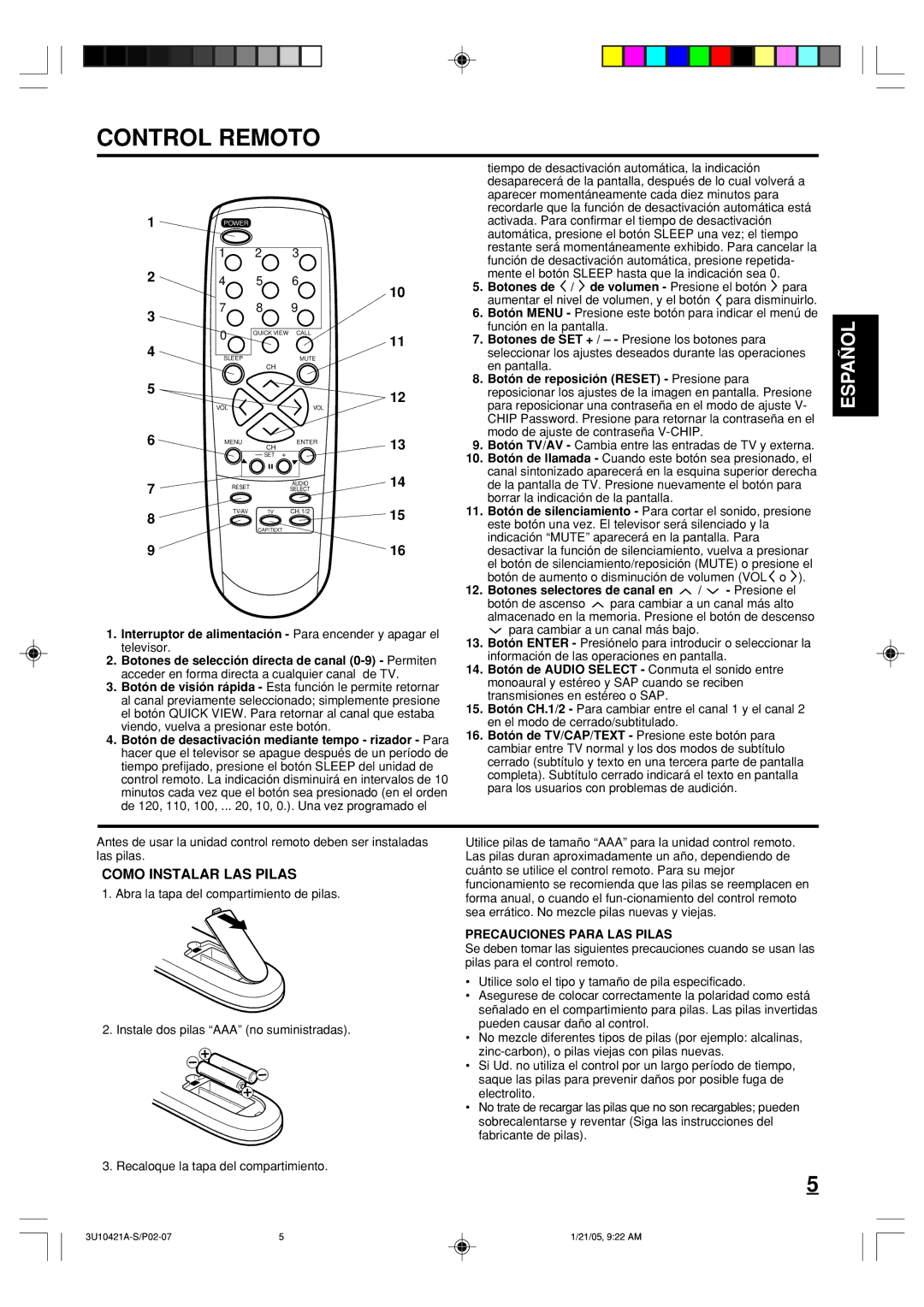 Memorex MT2012 owner manual Control Remoto, Botones selectores de canal en / Presione el, Precauciones Para LAS Pilas 