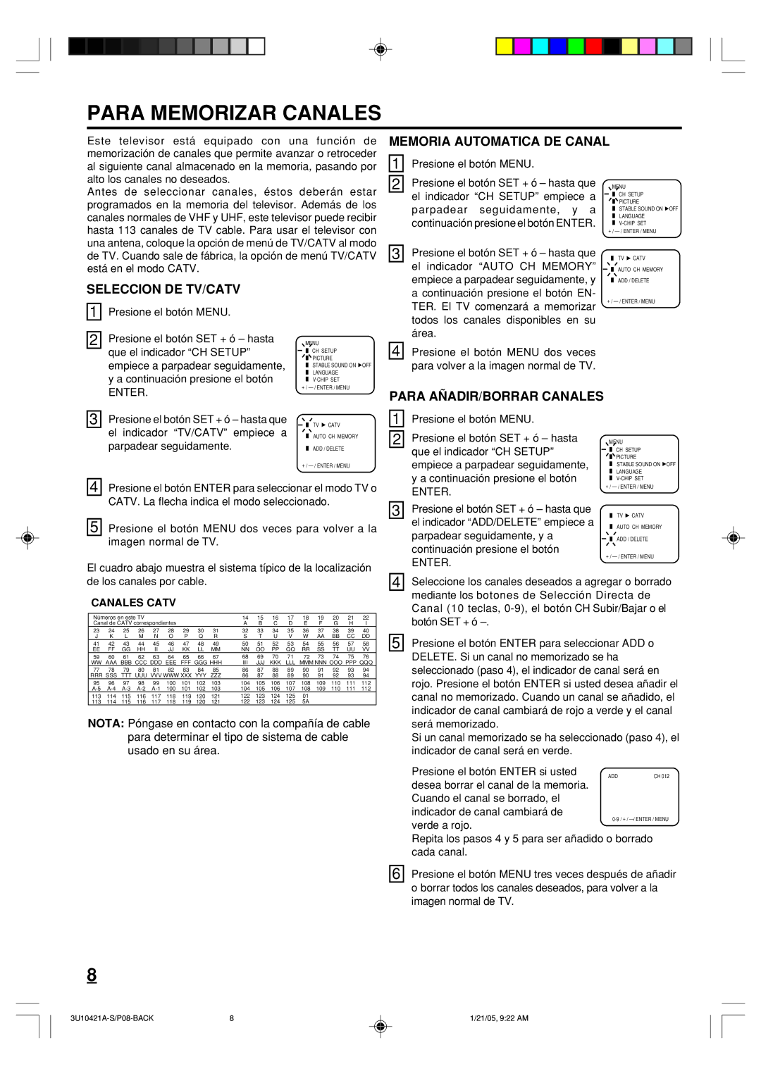 Memorex MT2012 Para Memorizar Canales, Memoria Automatica DE Canal, Seleccion DE TV/CATV, Para A„ADIR/BORRAR Canales 