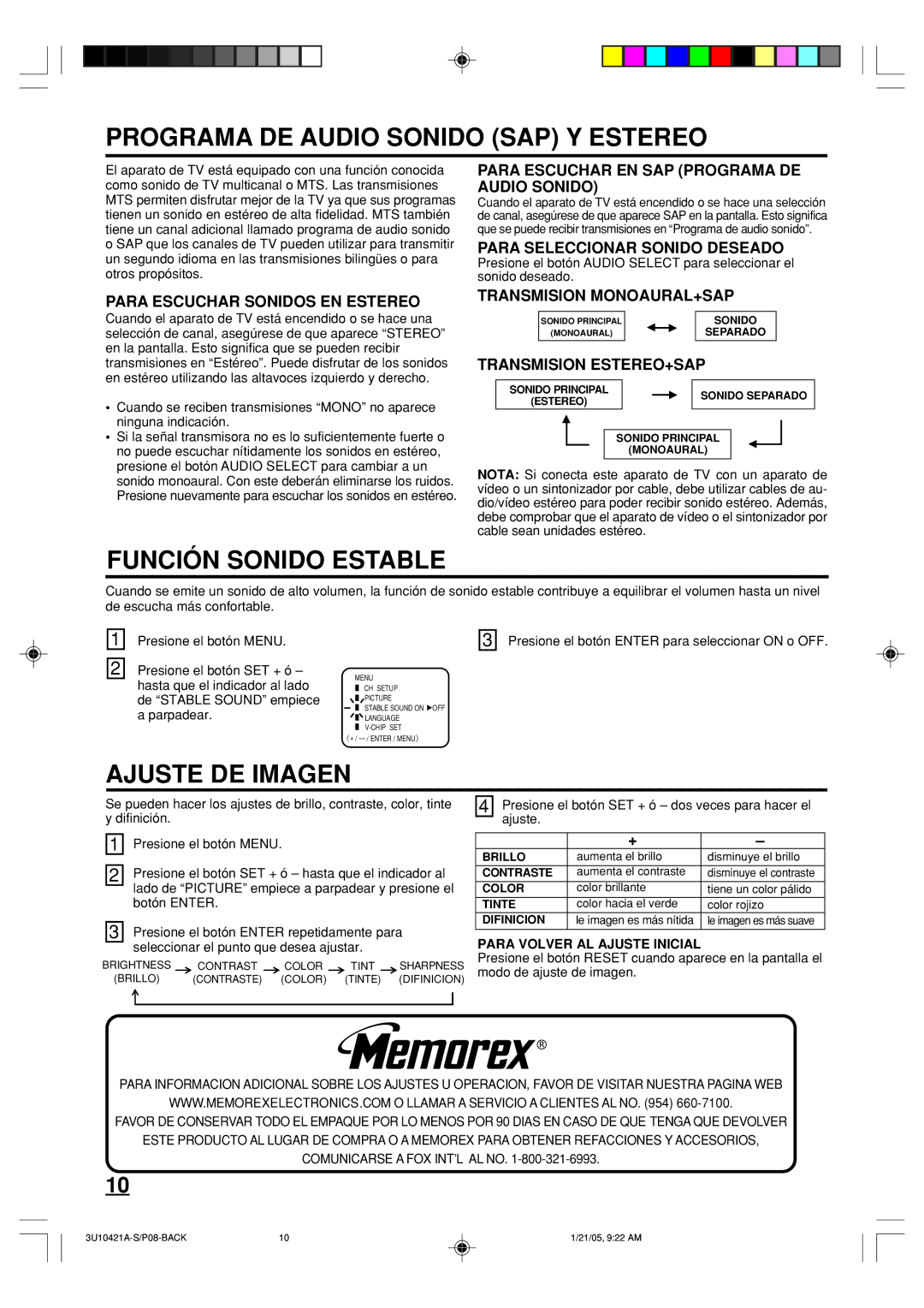 Memorex MT2012 owner manual Programa DE Audio Sonido SAP Y Estereo, Ajuste DE Imagen 