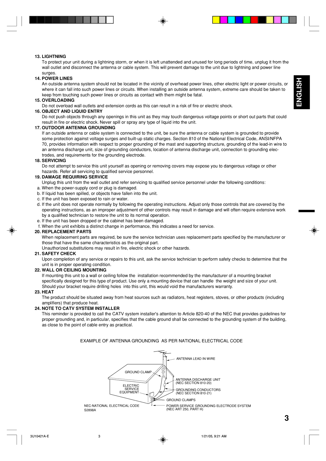 Memorex MT2012 Lightning, Power Lines, Overloading, Object and Liquid Entry, Outdoor Antenna Grounding, Servicing 