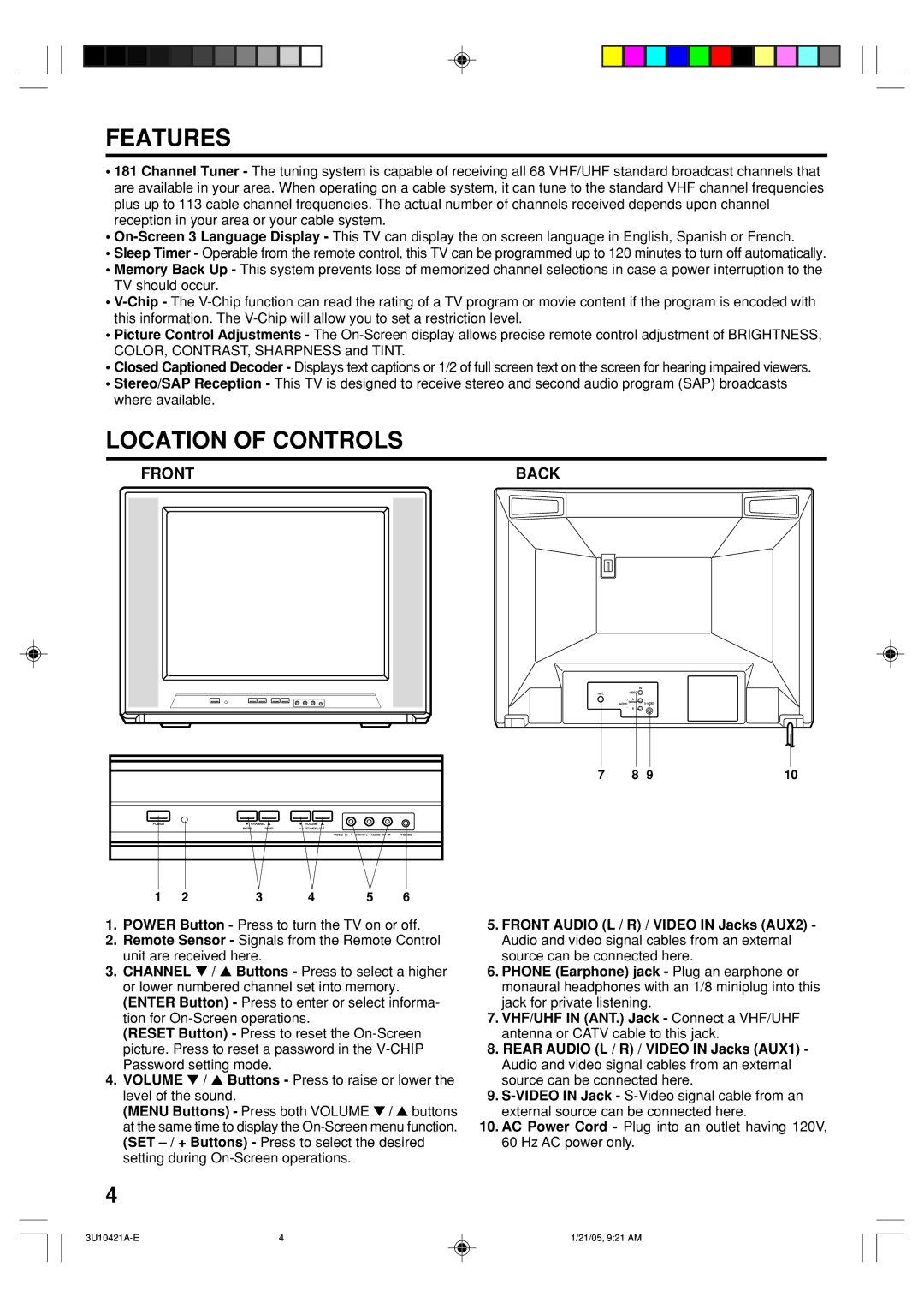 Memorex MT2012 owner manual Features, Location of Controls, Front Back 