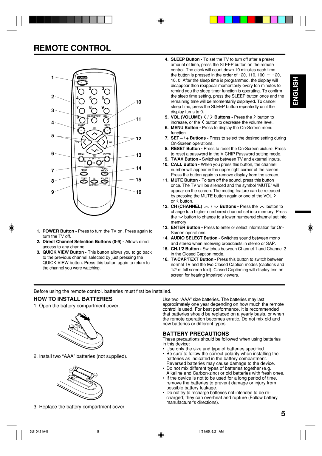 Memorex MT2012 owner manual Remote Control, HOW to Install Batteries, Battery Precautions 