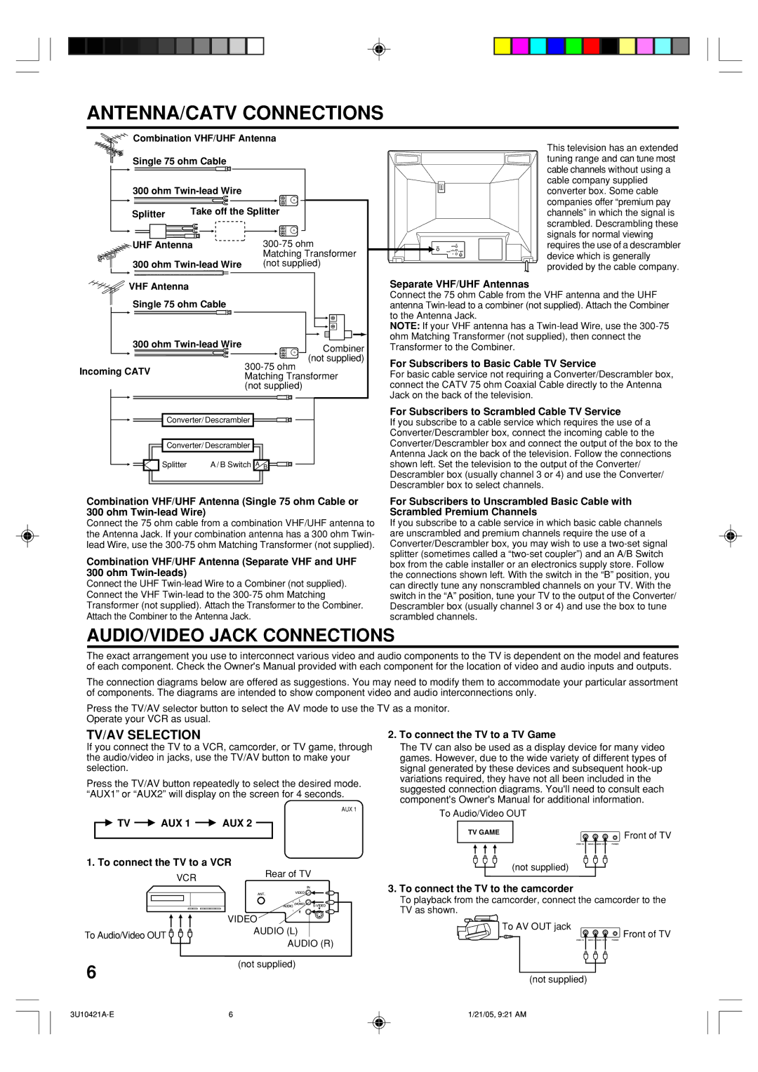 Memorex MT2012 owner manual ANTENNA/CATV Connections, TV/AV Selection 