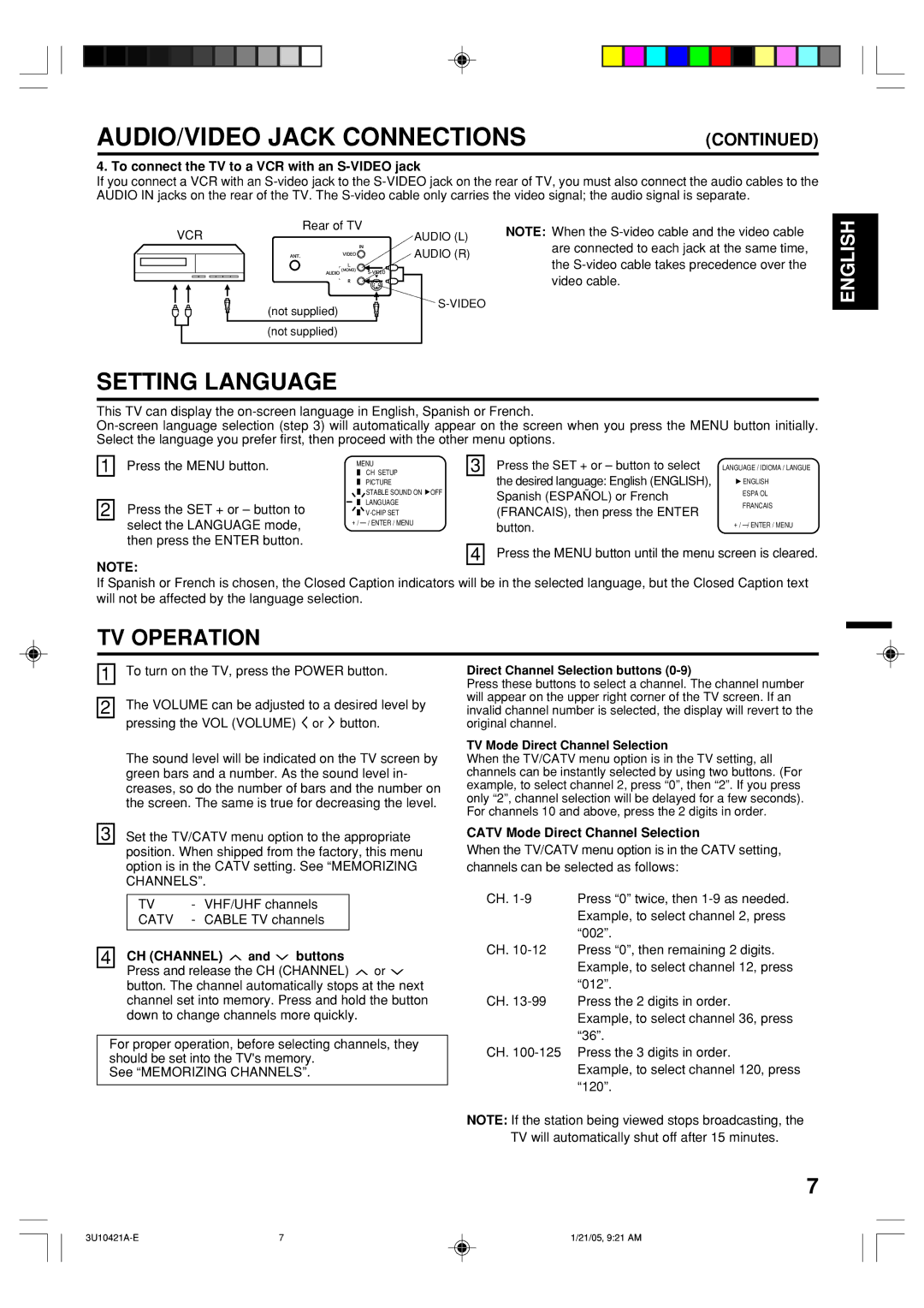 Memorex MT2012 owner manual AUDIO/VIDEO Jack Connections, Setting Language 