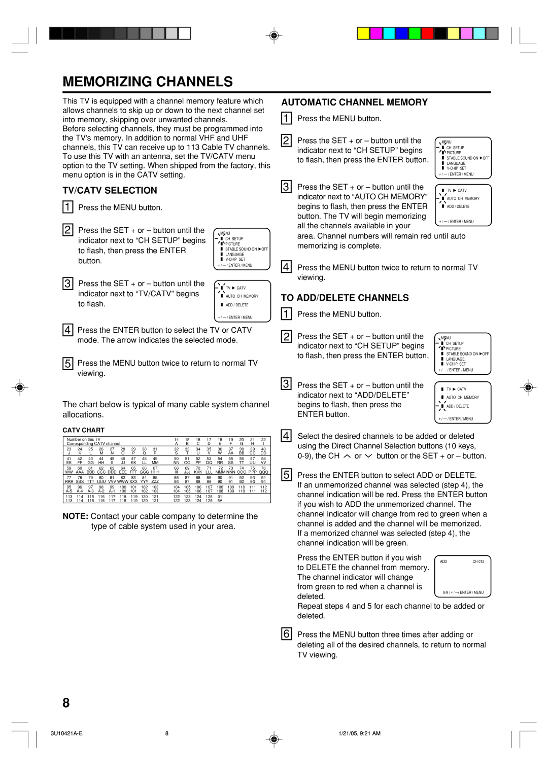 Memorex MT2012 owner manual Memorizing Channels, Automatic Channel Memory, TV/CATV Selection, To ADD/DELETE Channels 