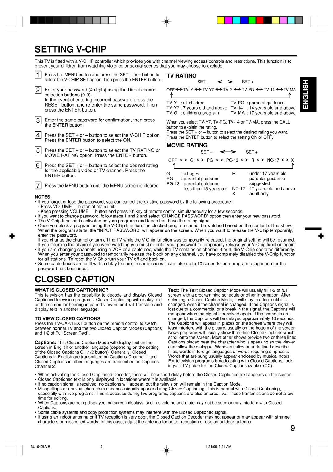 Memorex MT2012 owner manual Setting V-CHIP, Closed Caption, TV Rating, Movie Rating 