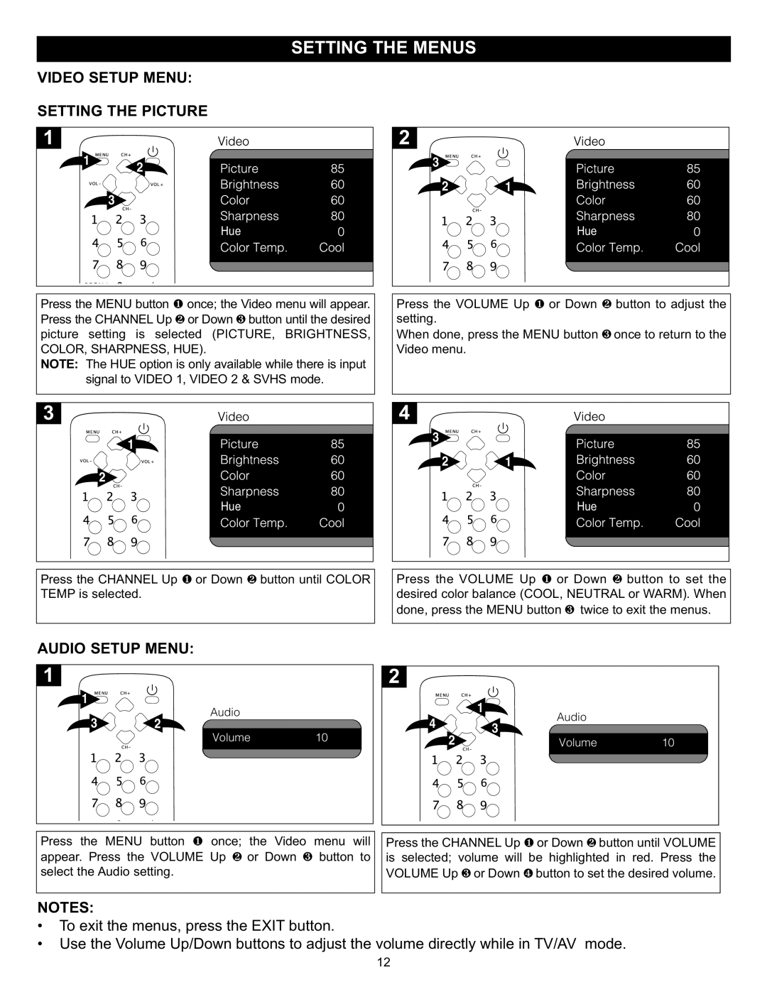 Memorex MT2024 manual Video Setup Menu Setting the Picture, Audio Setup Menu 