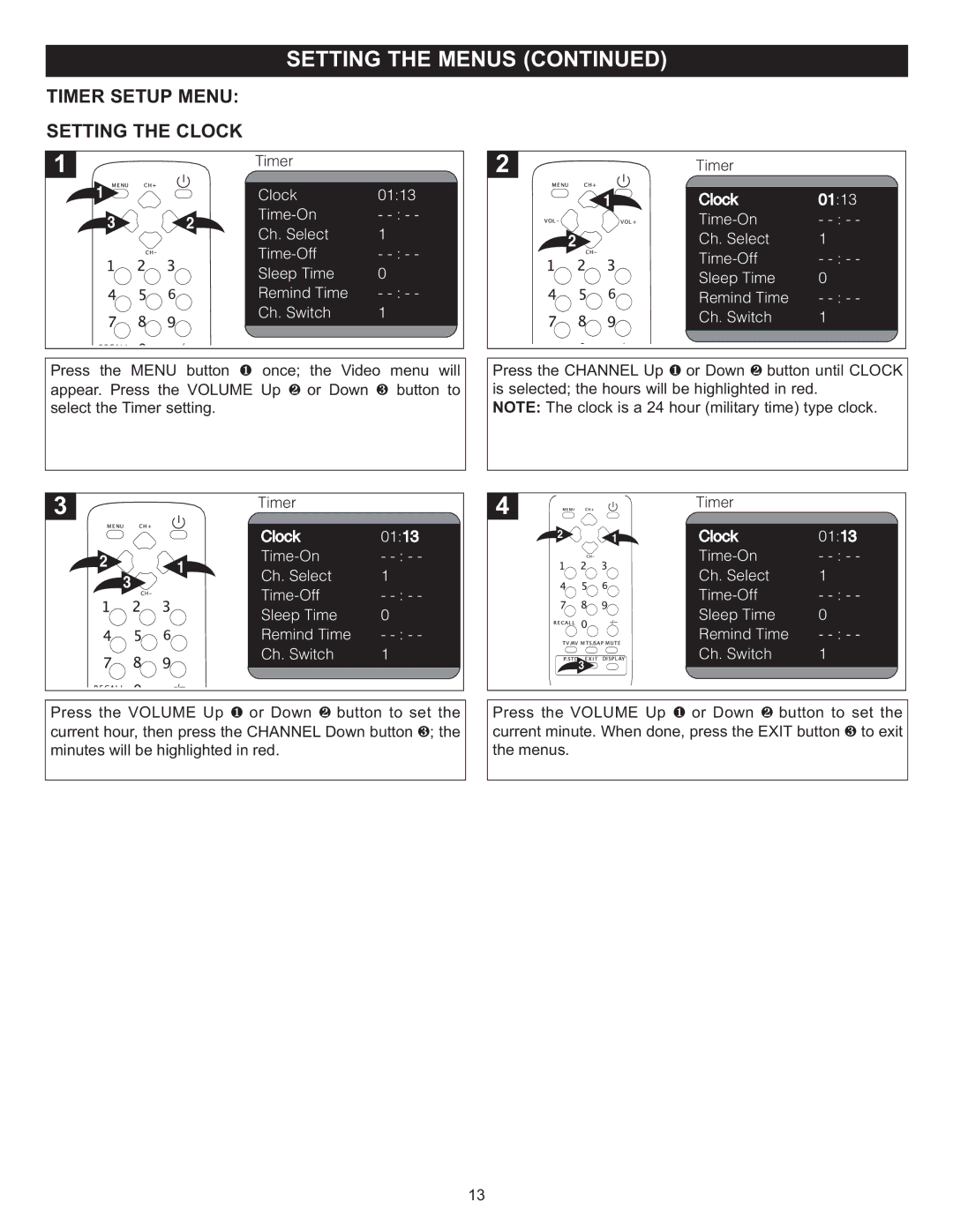 Memorex MT2024 manual Timer Setup Menu Setting the Clock 