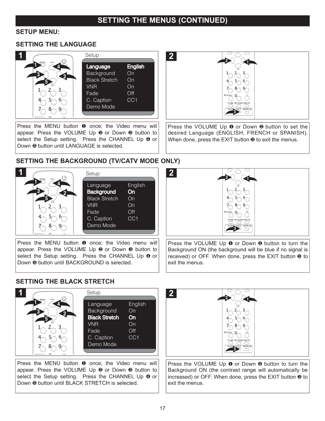 Memorex MT2024 manual Setup Menu Setting the Language, Setting the Background TV/CATV Mode only, Setting the Black Stretch 