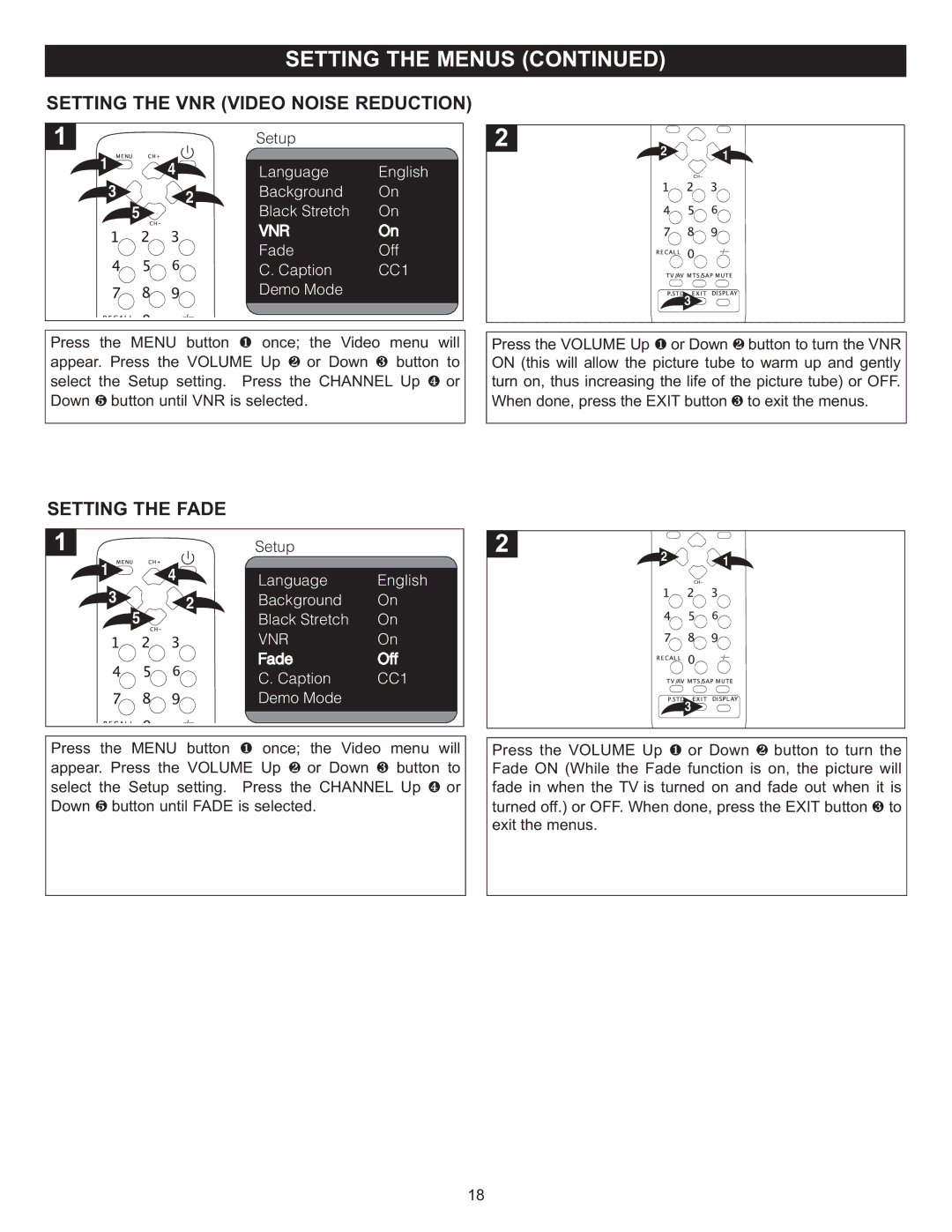 Memorex MT2024 manual Setting the VNR Video Noise Reduction, Setting the Fade 