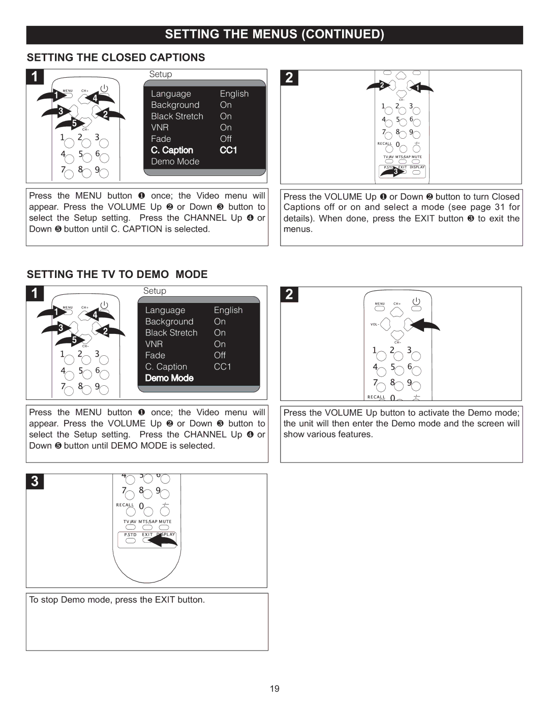 Memorex MT2024 manual Setting the Closed Captions, Setting the TV to Demo Mode 