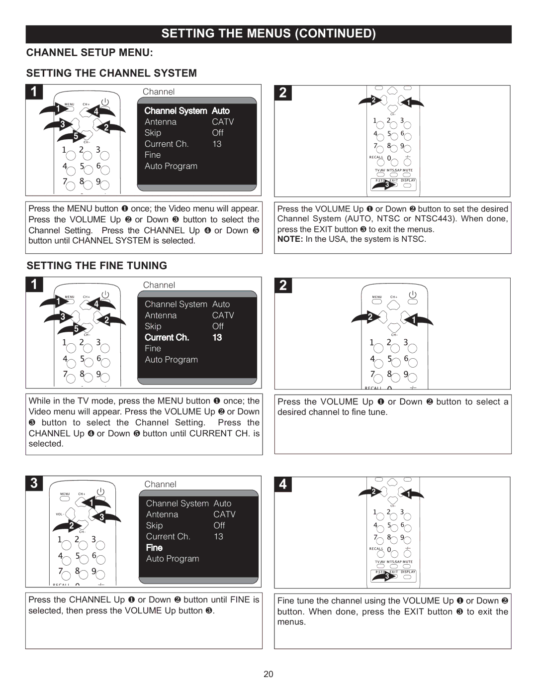 Memorex MT2024 manual Channel Setup Menu Setting the Channel System, Setting the Fine Tuning 