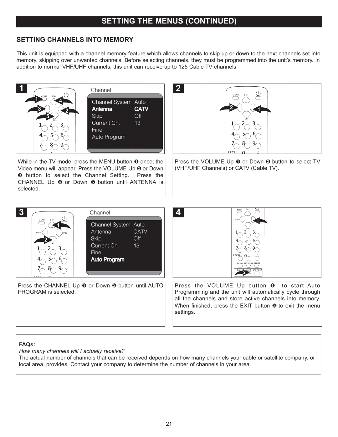 Memorex MT2024 manual Setting Channels Into Memory, How many channels will I actually receive? 