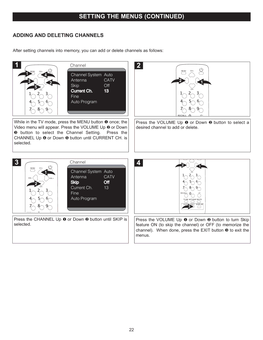 Memorex MT2024 manual Adding and Deleting Channels 