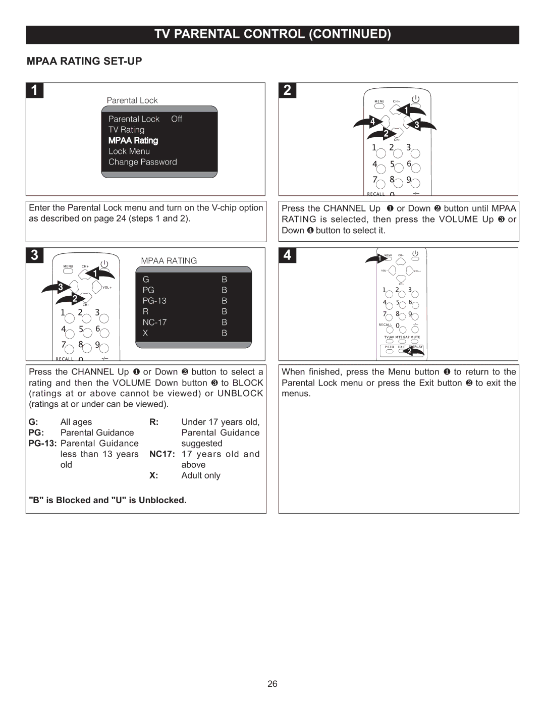 Memorex MT2024 manual Mpaa Rating SET-UP 