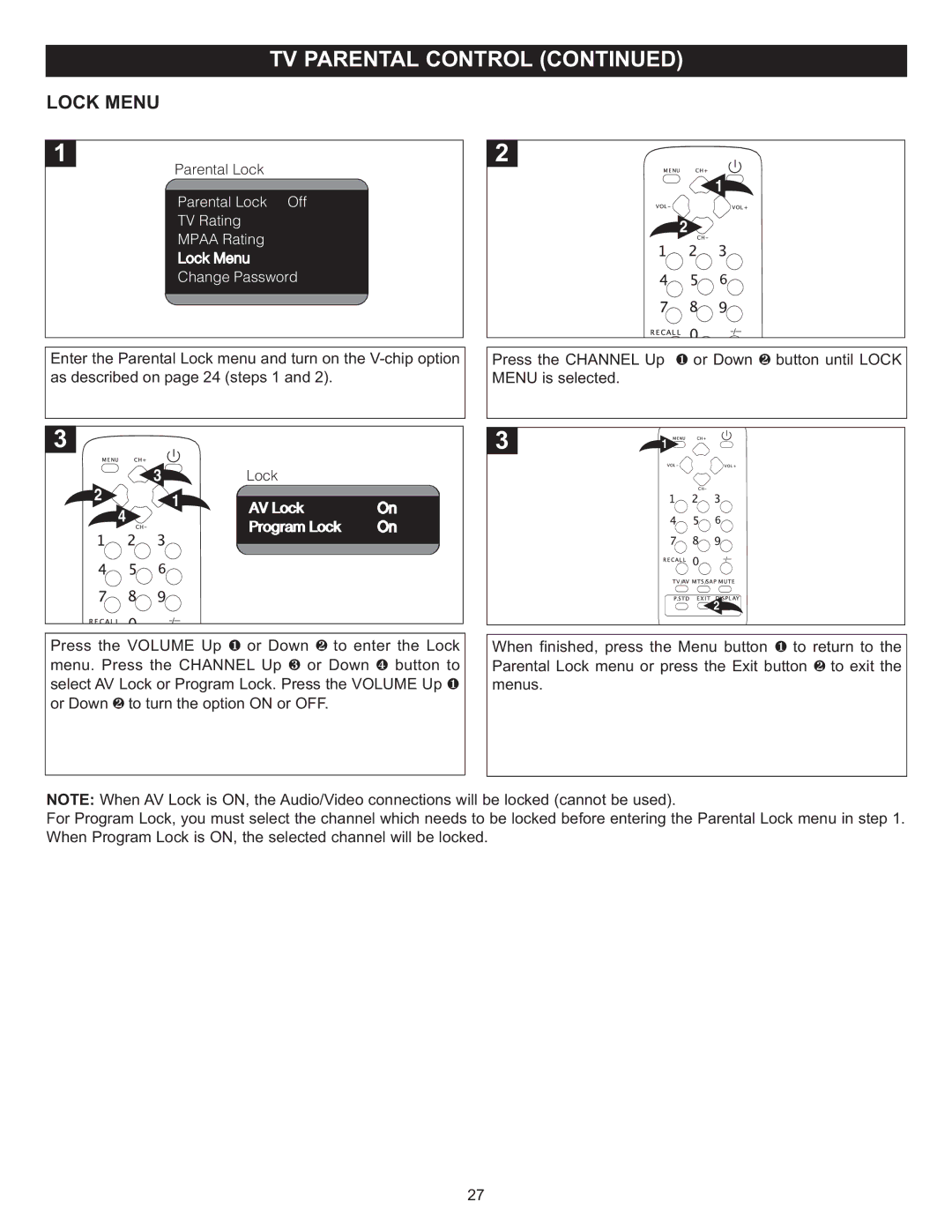 Memorex MT2024 manual Lock Menu, Lock AV Lock Program Lock 