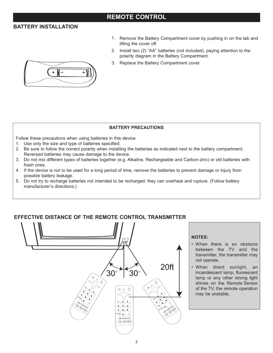 Memorex MT2024 manual Battery Installation, Effective Distance of the Remote Control Transmitter 