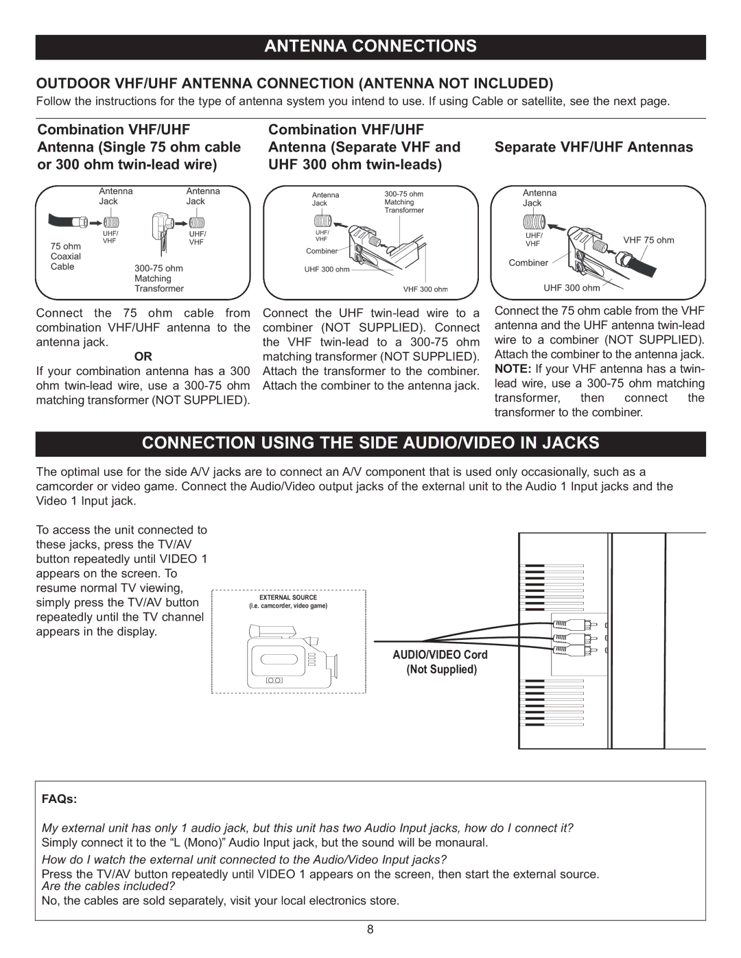 Memorex MT2024 manual Outdoor VHF/UHF Antenna Connection Antenna not Included, AUDIO/VIDEO Cord Not Supplied FAQs 