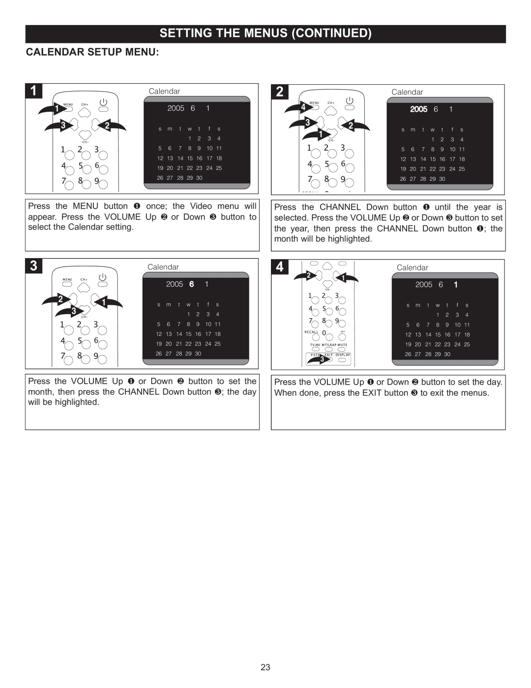 Memorex MT2024 manual Calendar Setup Menu 