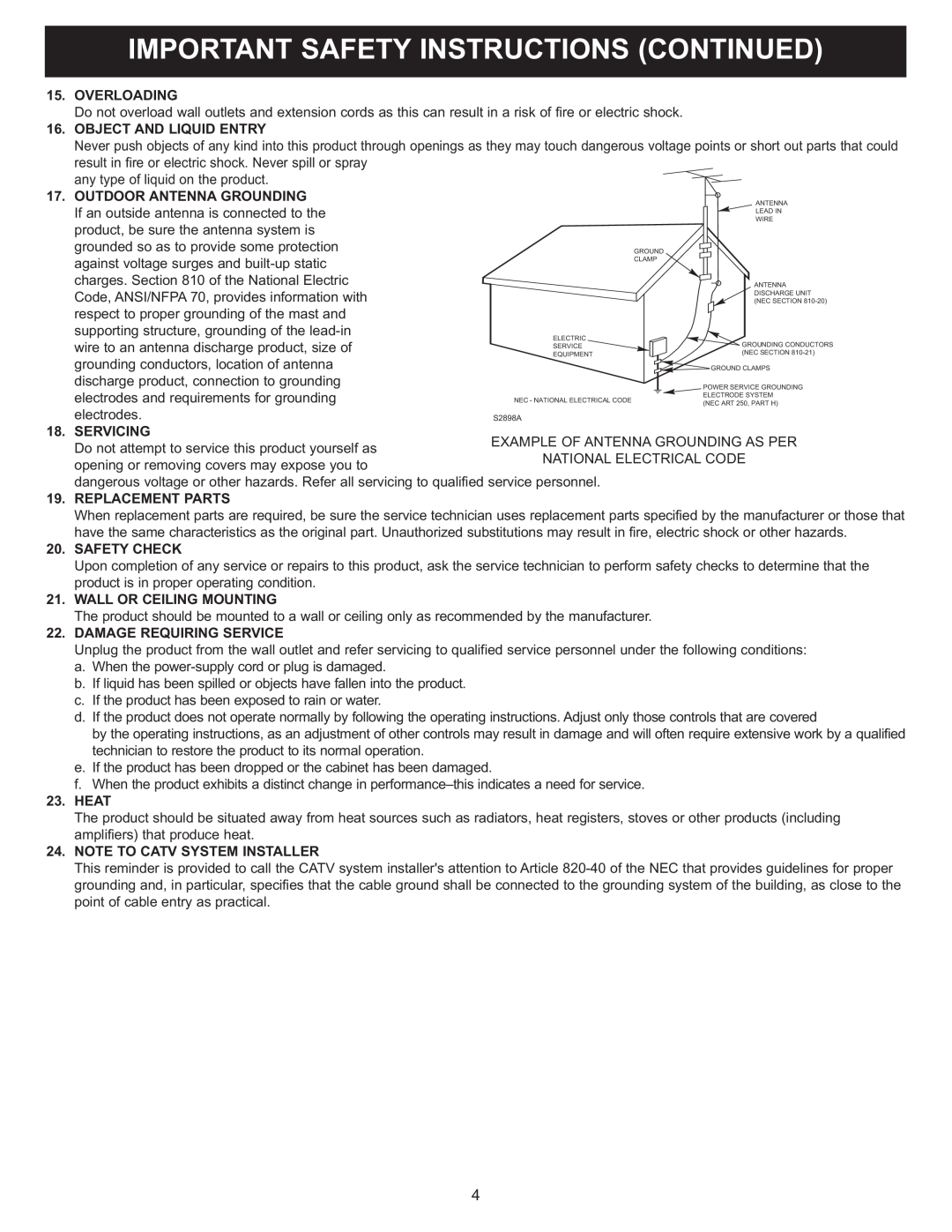 Memorex MT2024 manual Important Safety Instructions Continued 