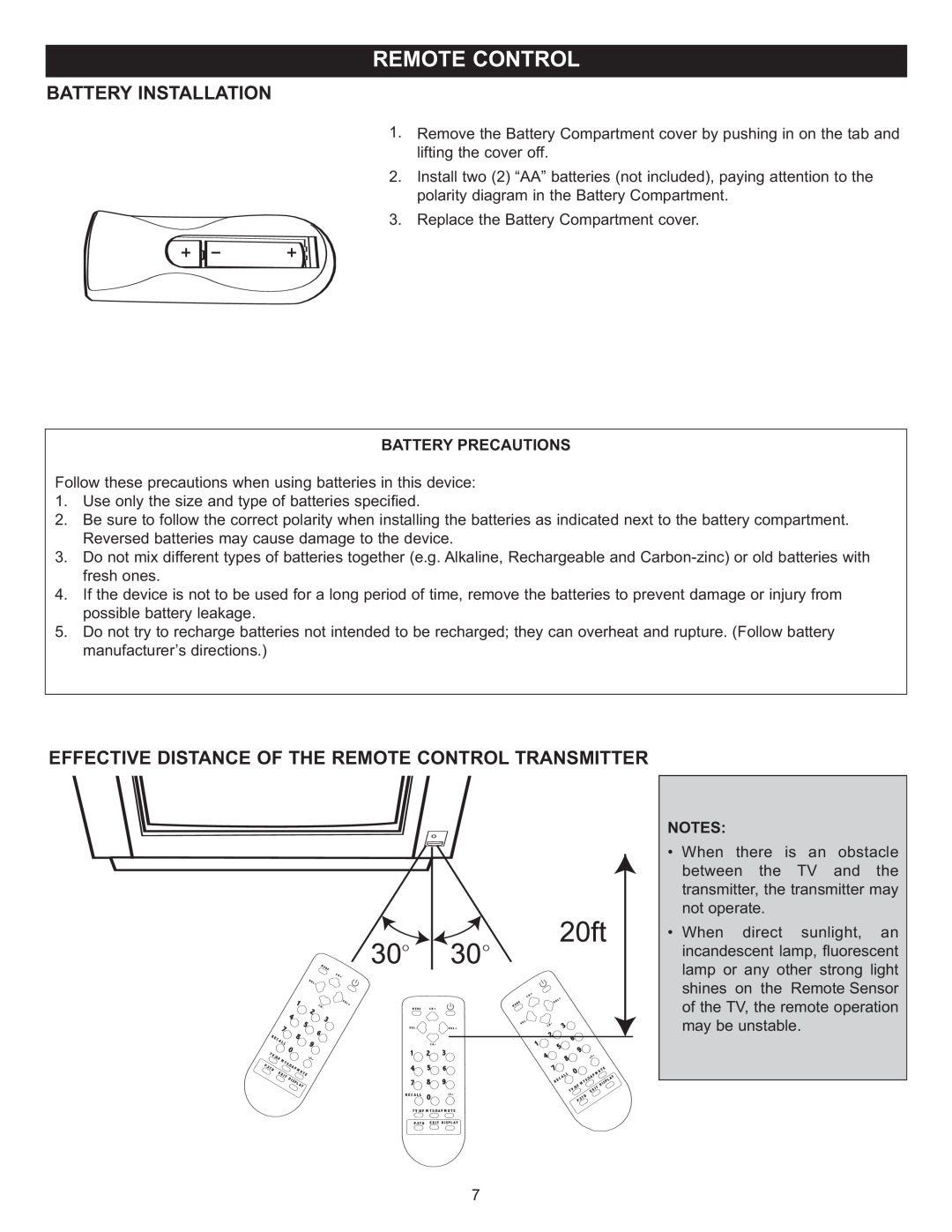 Memorex MT2024 manual Battery Installation, Effective Distance Of The Remote Control Transmitter, Battery Precautions 