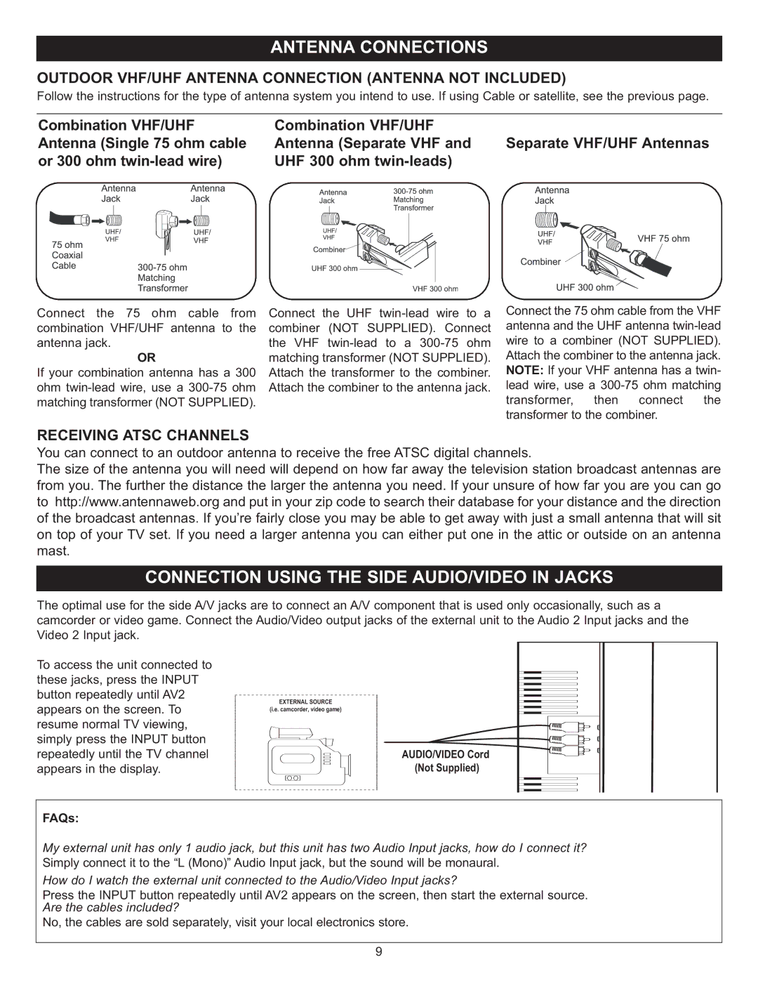 Memorex MT2025D manual Outdoor VHF/UHF Antenna Connection Antenna not Included, Receiving Atsc Channels, FAQs 