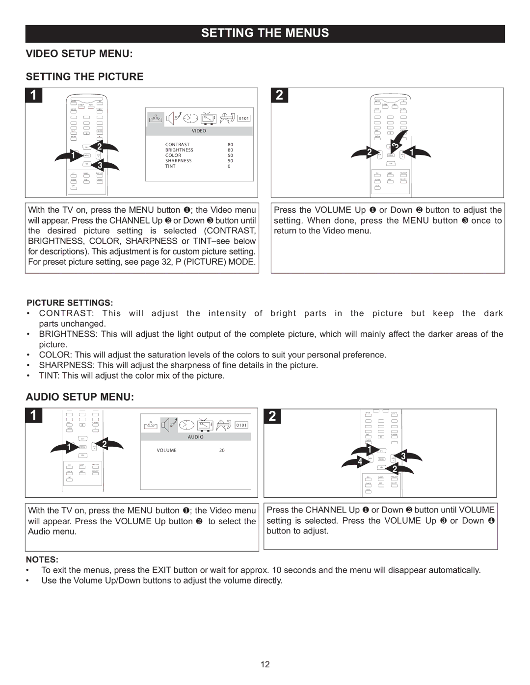 Memorex MT2025D manual Video Setup Menu Setting the Picture, Audio Setup Menu, Picture Settings 