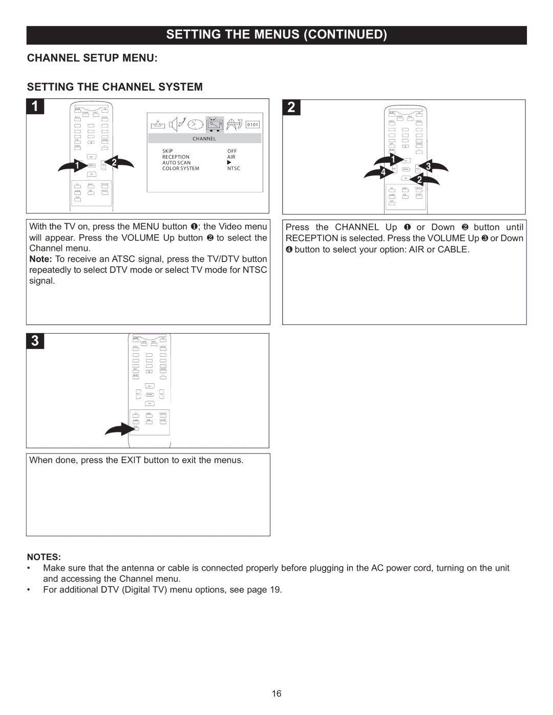 Memorex MT2025D manual Channel Setup Menu Setting the Channel System 