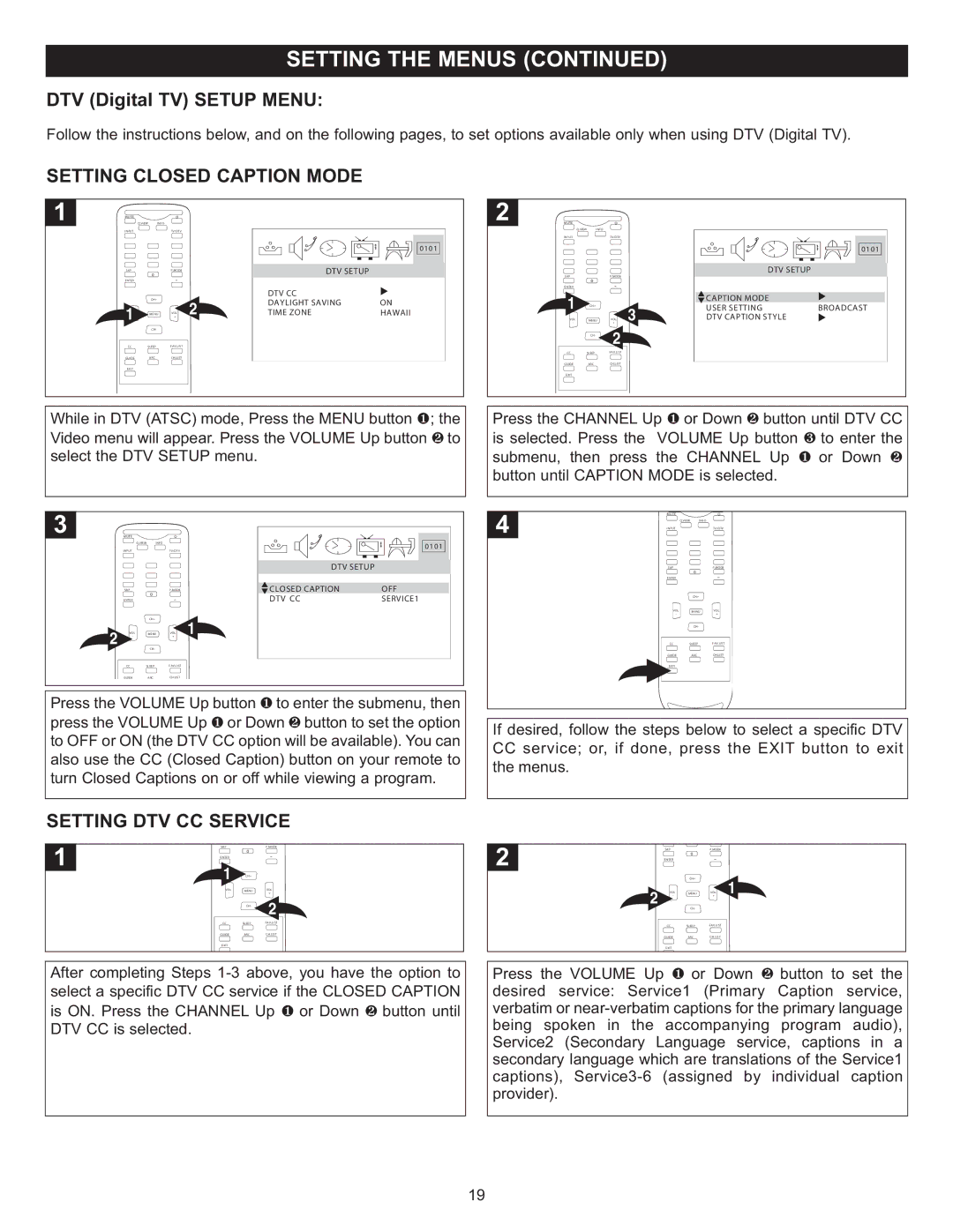 Memorex MT2025D manual DTV Digital TV Setup Menu, Setting Closed Caption Mode, Setting DTV CC Service 