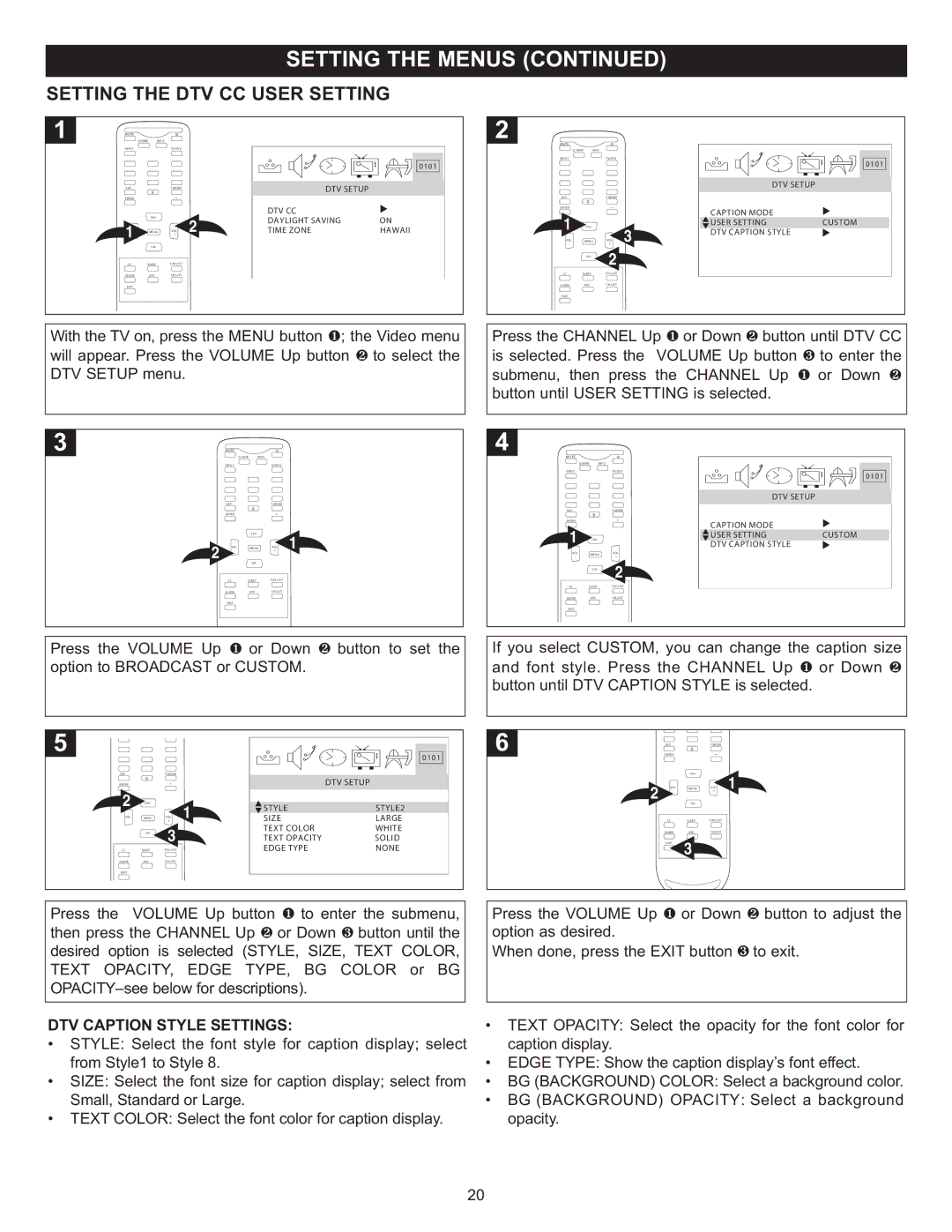 Memorex MT2025D manual Setting the DTV CC User Setting, DTV Caption Style Settings 