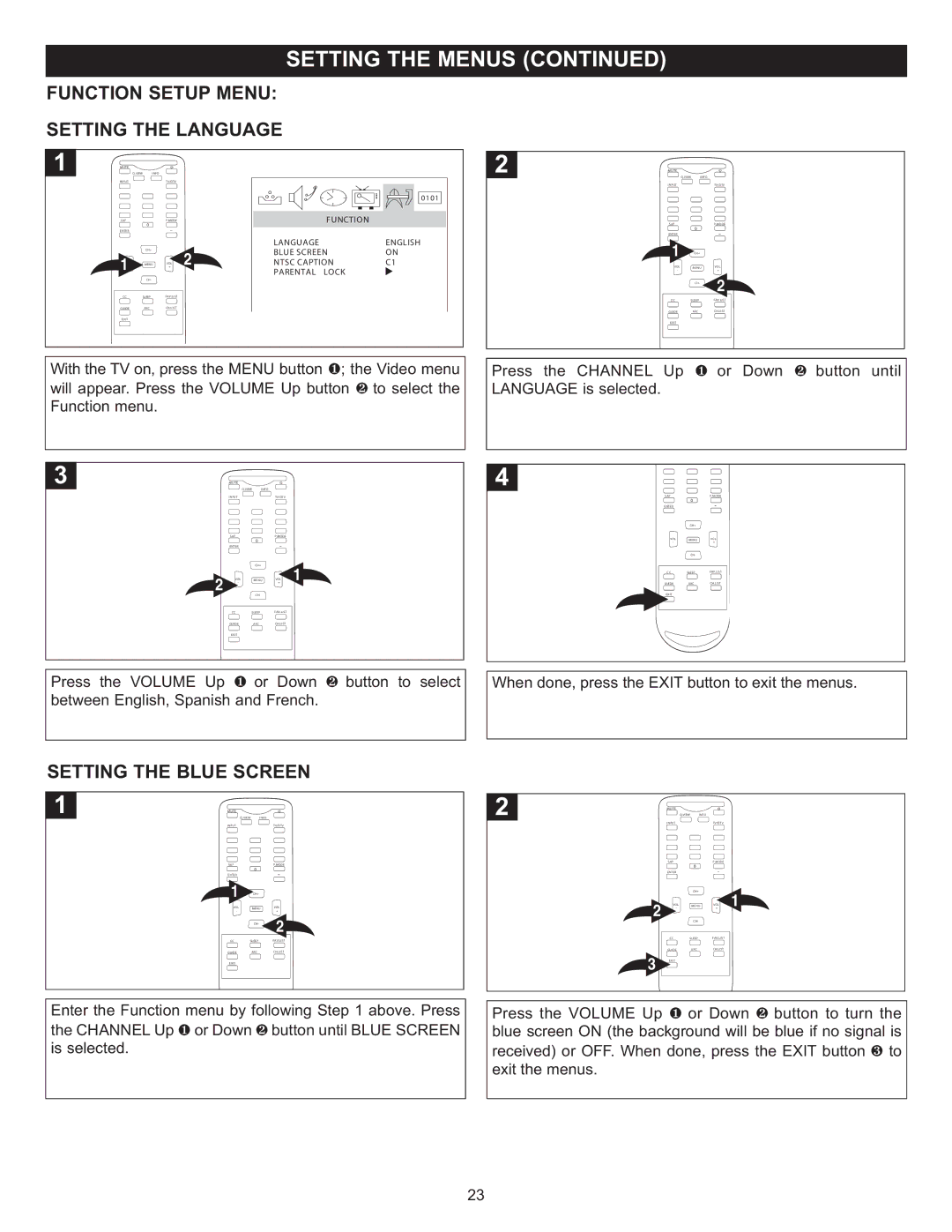 Memorex MT2025D manual Function Setup Menu Setting the Language, Setting the Blue Screen 