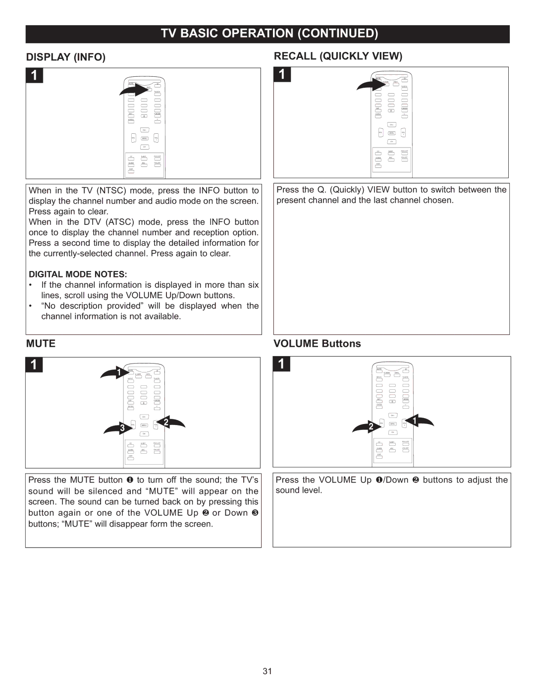 Memorex MT2025D manual Display Info, Mute, Recall Quickly View, Volume Buttons, Digital Mode Notes 