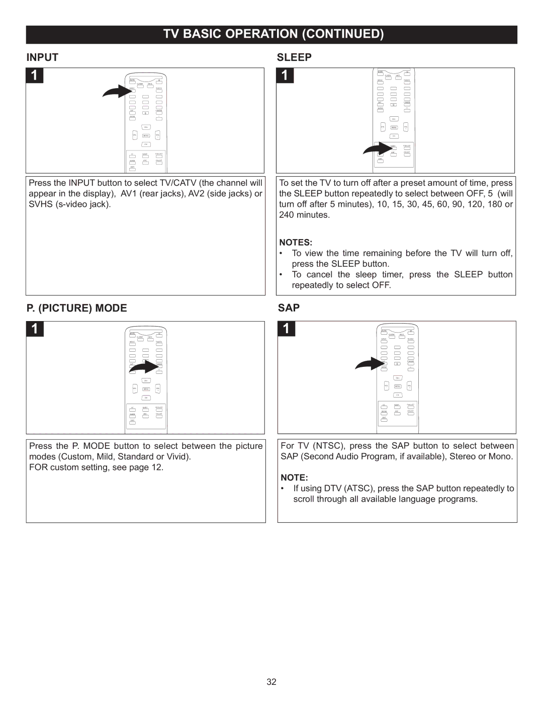 Memorex MT2025D manual Picture Mode, Sleep, Sap 