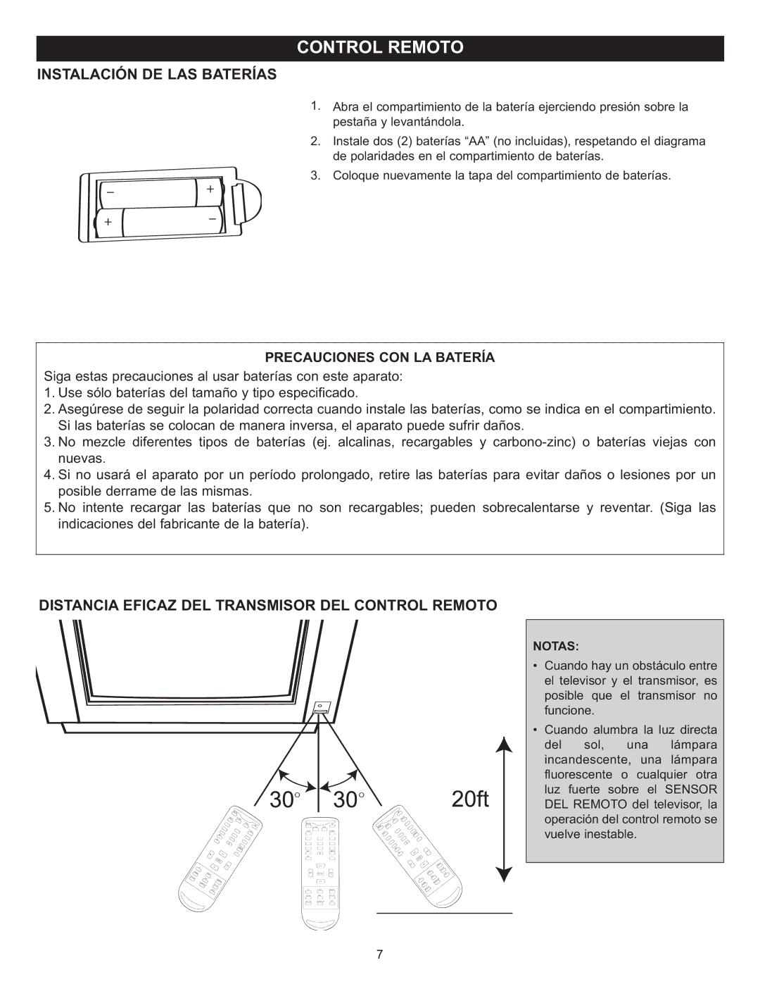 Memorex MT2025D manual Instalación DE LAS Baterías, Distancia Eficaz DEL Transmisor DEL Control Remoto, Notas 