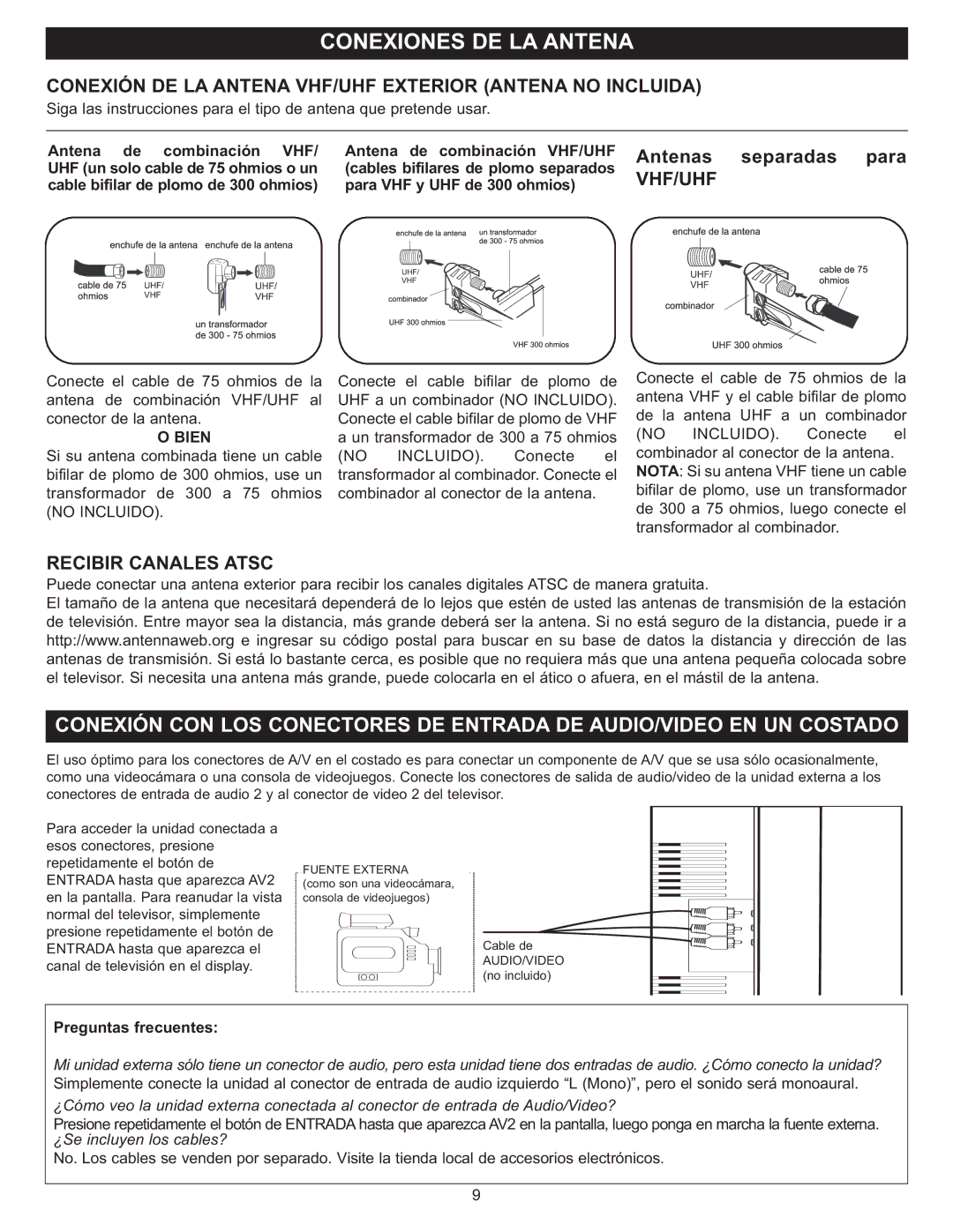 Memorex MT2025D manual Antenas separadas para, Vhf/Uhf, Recibir Canales Atsc, Bien 