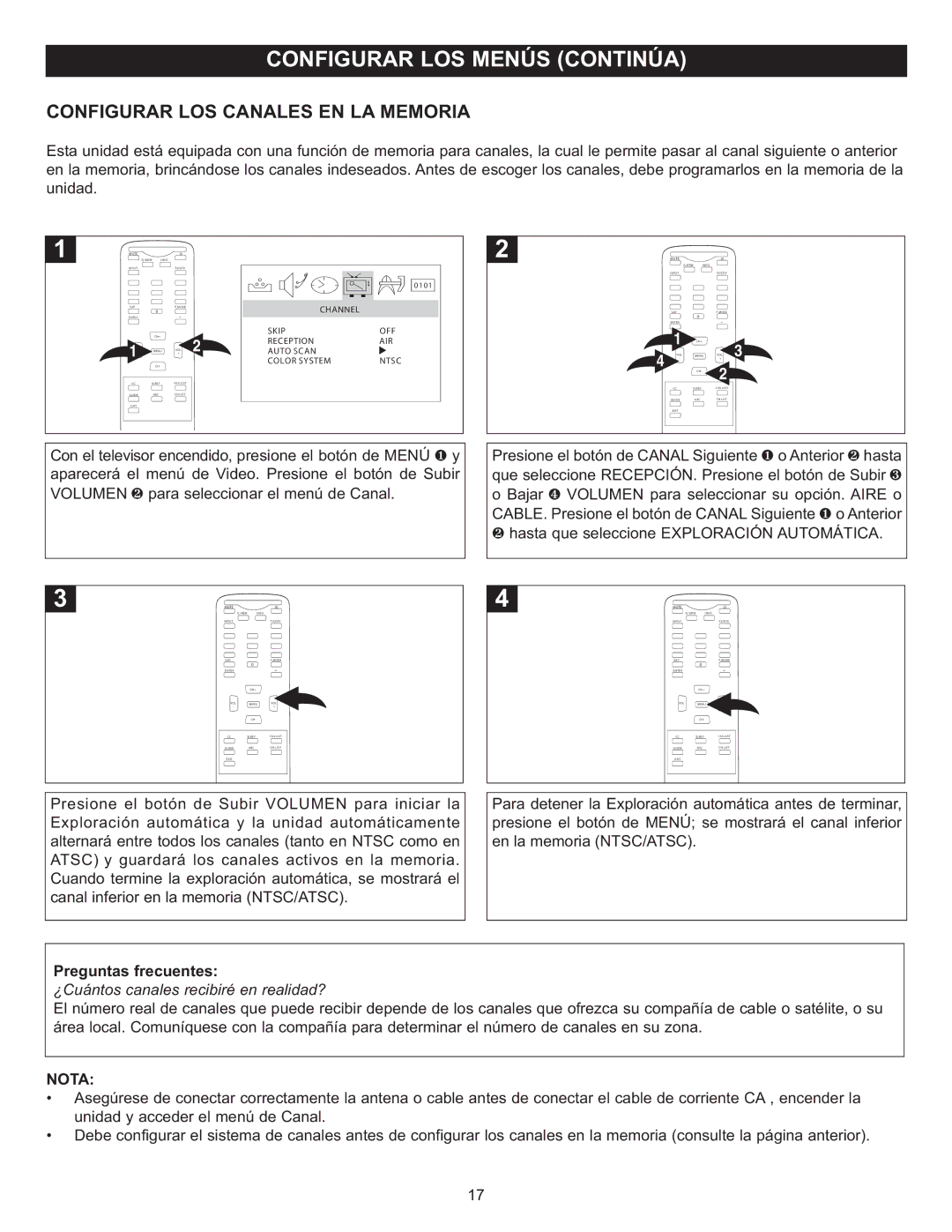 Memorex MT2025D manual Configurar LOS Canales EN LA Memoria, Nota 