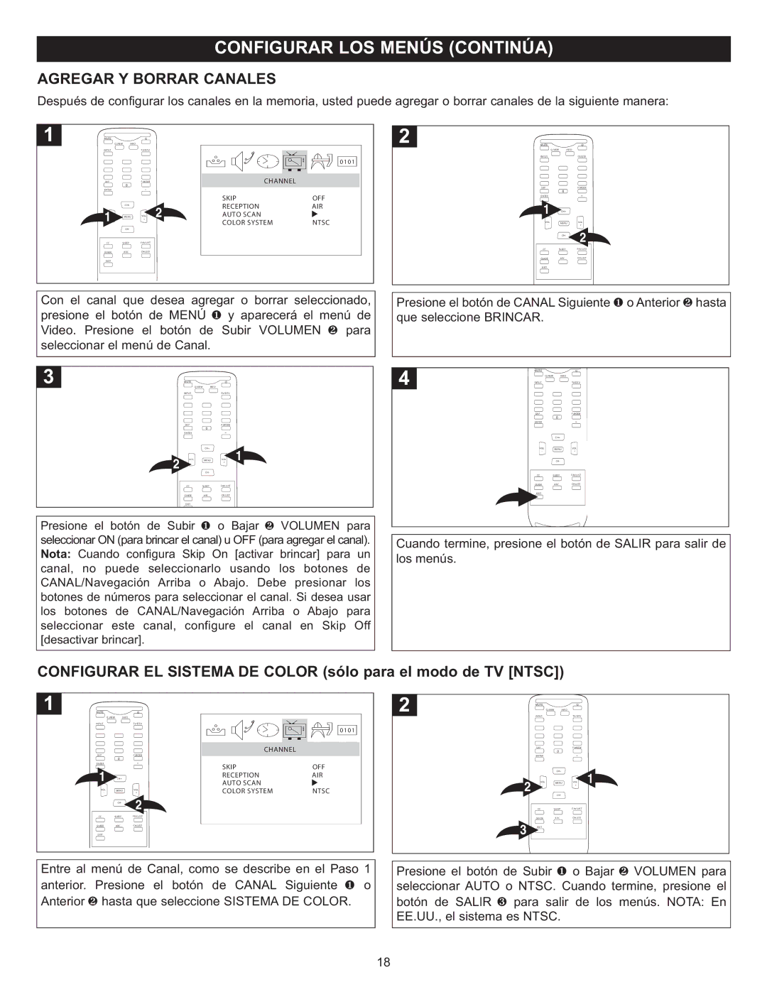 Memorex MT2025D manual Agregar Y Borrar Canales, Configurar EL Sistema DE Color sólo para el modo de TV Ntsc 