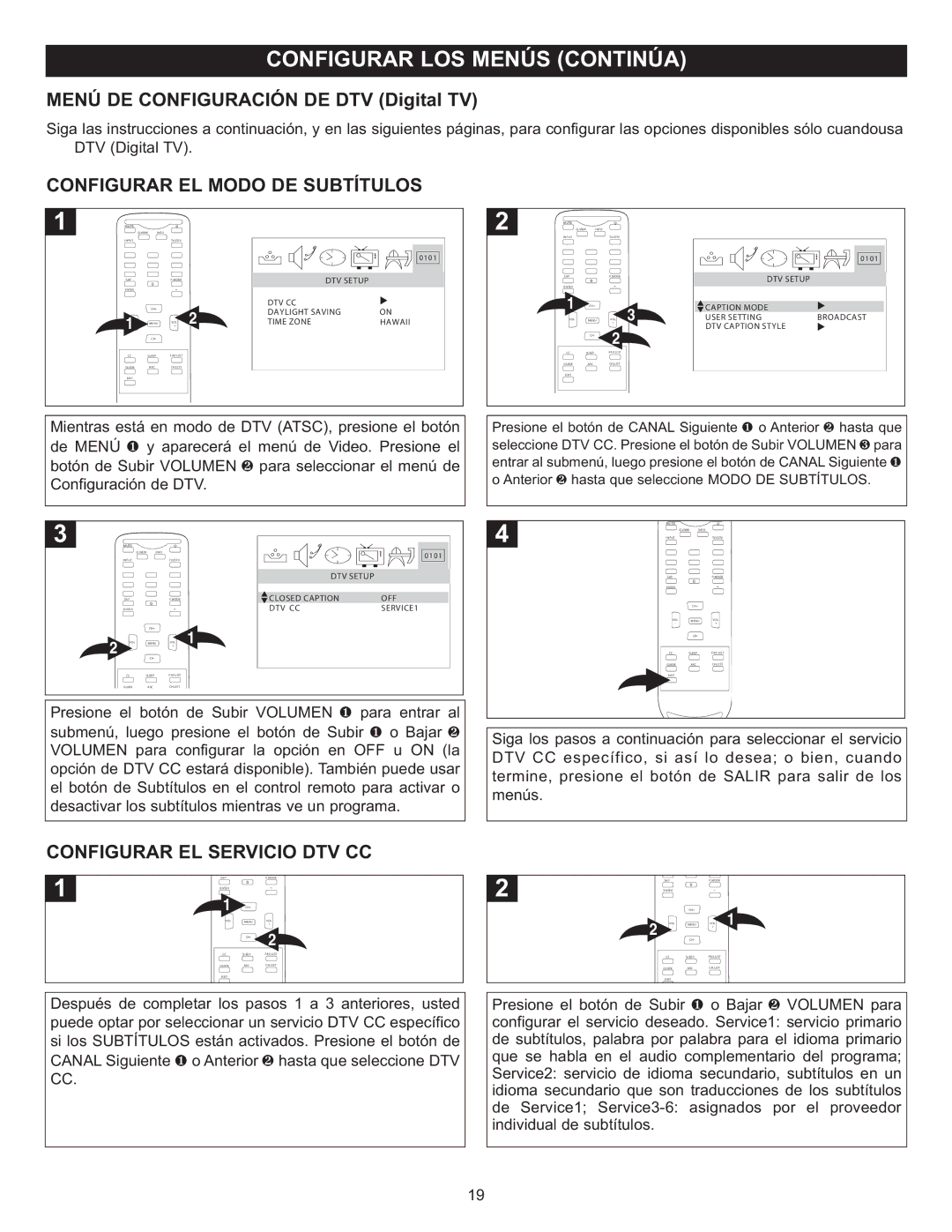 Memorex MT2025D Menú DE Configuración DE DTV Digital TV, Configurar EL Modo DE Subtítulos, Configurar EL Servicio DTV CC 