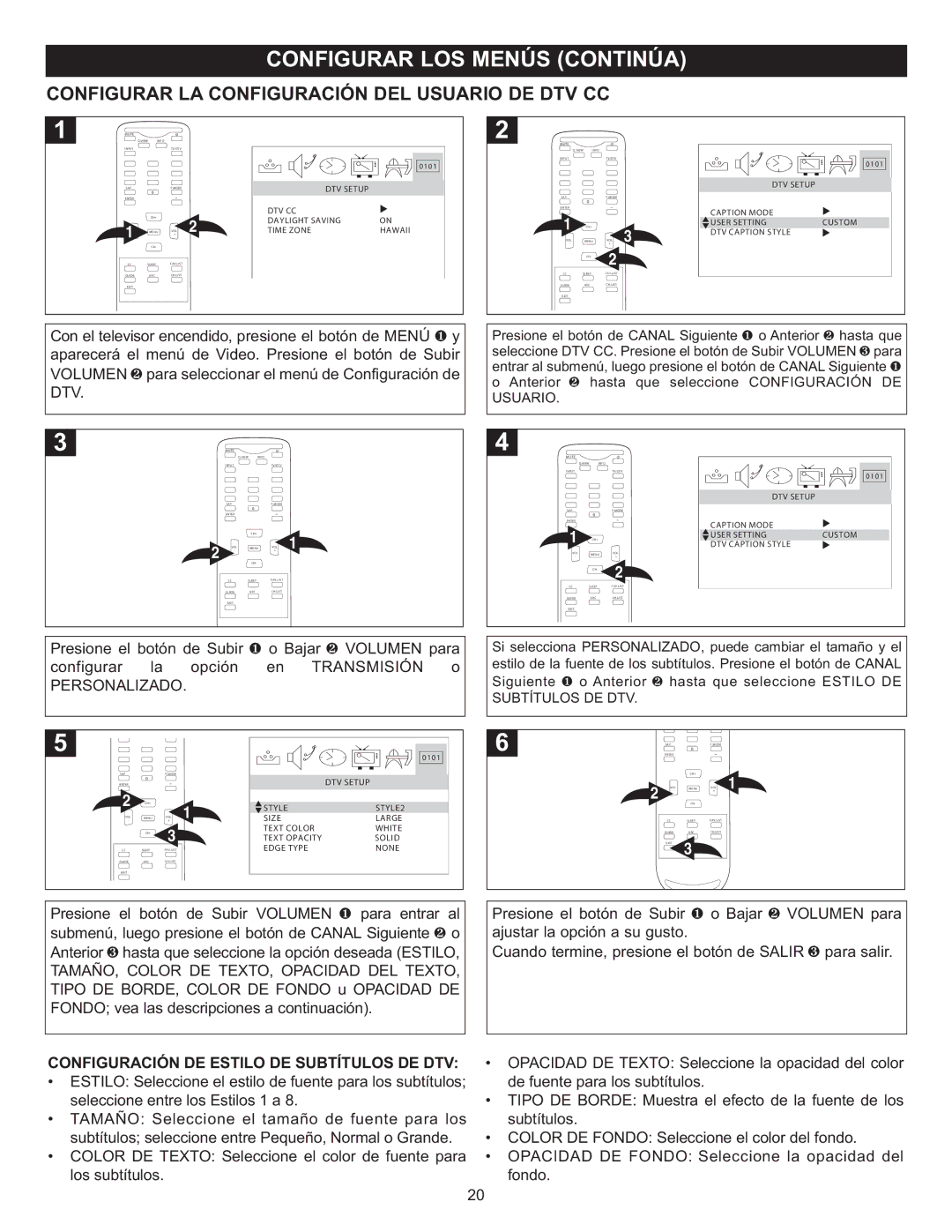 Memorex MT2025D manual Configurar LA Configuración DEL Usuario DE DTV CC, Personalizado 