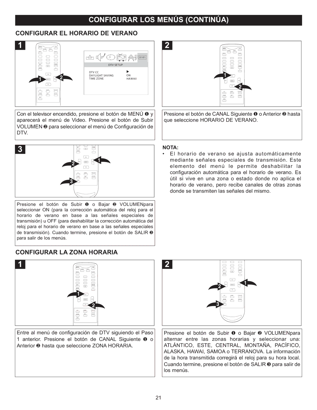 Memorex MT2025D manual Configurar EL Horario DE Verano, Configurar LA Zona Horaria 