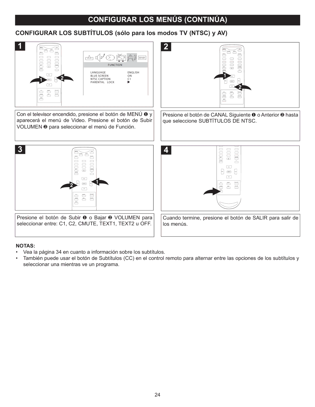 Memorex MT2025D manual Configurar LOS Subtítulos sólo para los modos TV Ntsc y AV, Notas 