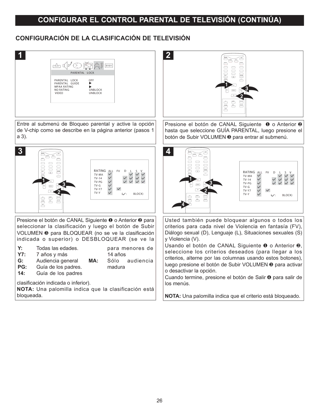 Memorex MT2025D manual Configuración DE LA Clasificación DE Televisión 