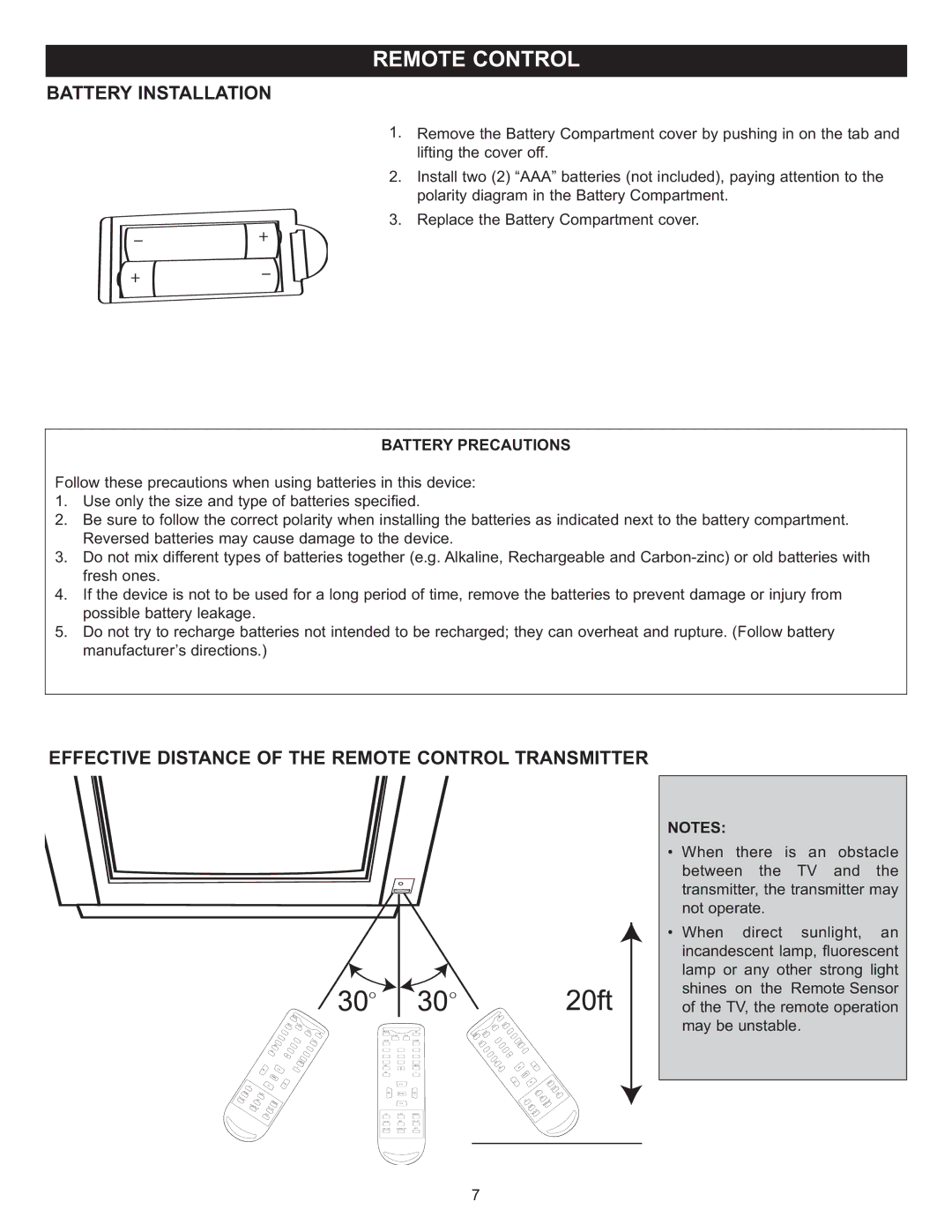 Memorex MT2025D manual Battery Installation, Effective Distance of the Remote Control Transmitter, Battery Precautions 