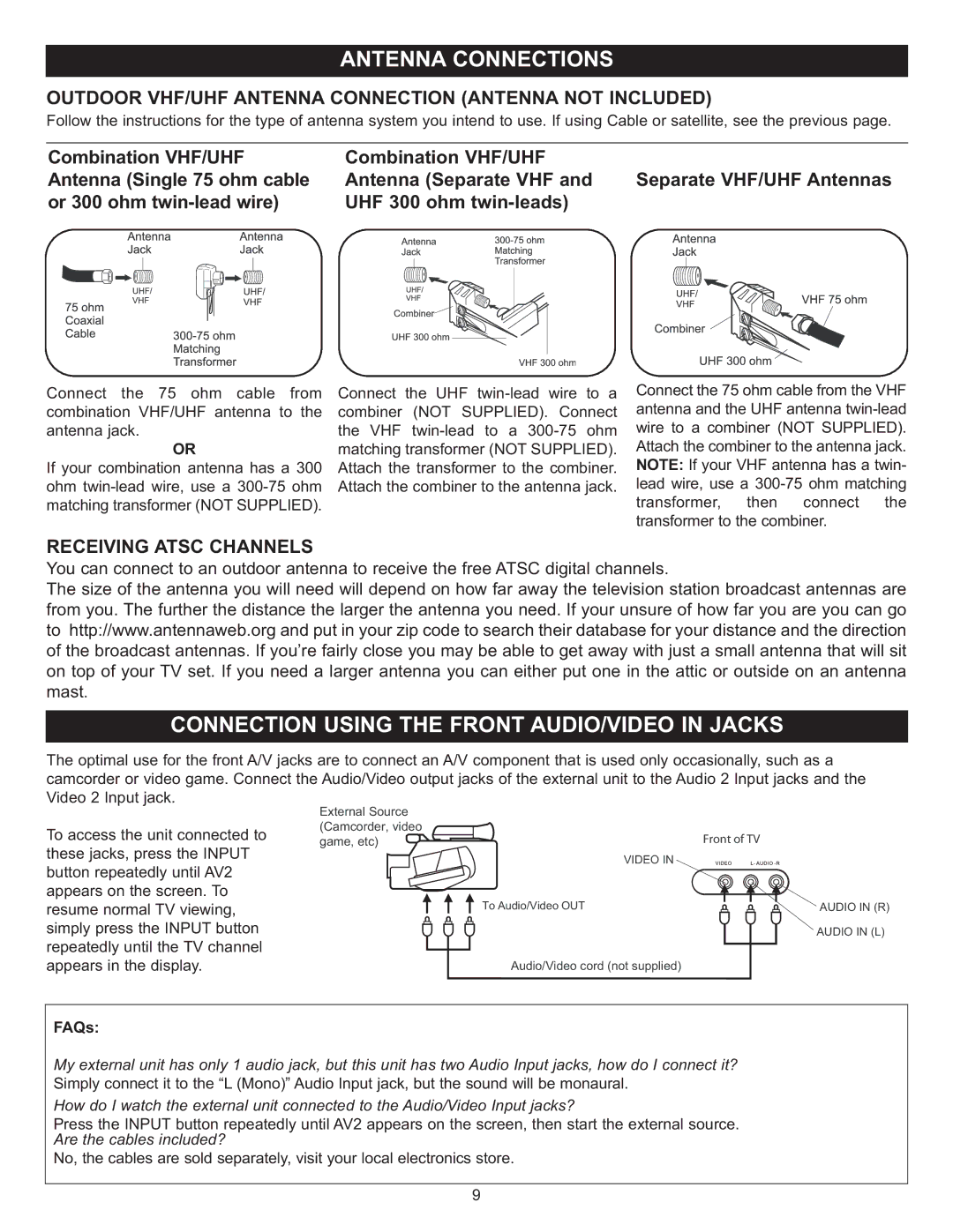 Memorex MT2028D-BLK manual Outdoor VHF/UHF Antenna Connection Antenna not Included, Receiving Atsc Channels 