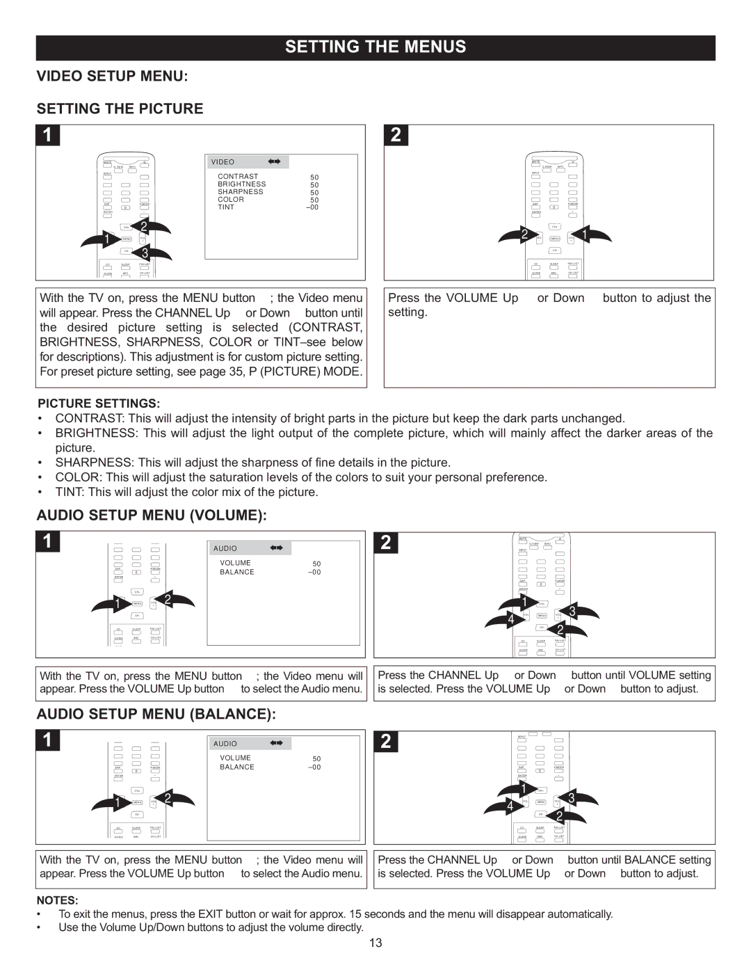 Memorex MT2028D-BLK manual Video Setup Menu Setting the Picture, Audio Setup Menu Volume, Audio Setup Menu Balance 