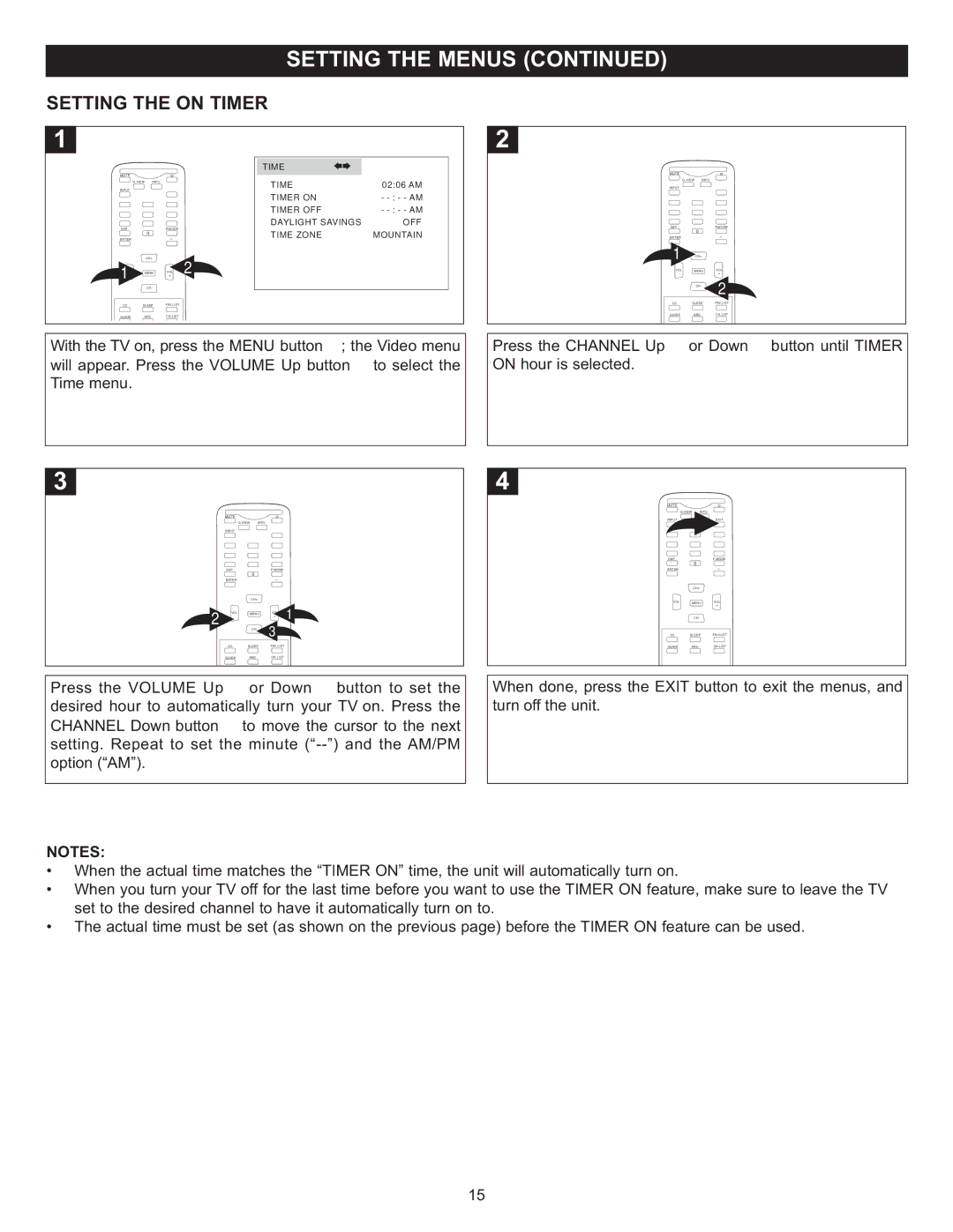 Memorex MT2028D-BLK manual Setting the on Timer, Press the Volume Up 1 or Down 2 button to set 