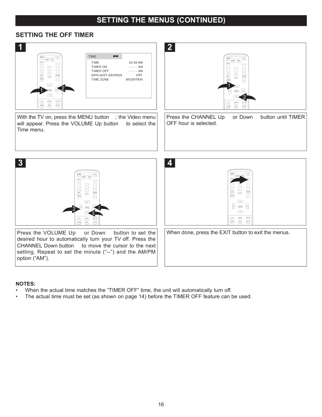 Memorex MT2028D-BLK manual Setting the OFF Timer, Desired hour to automatically turn your TV off. Press 