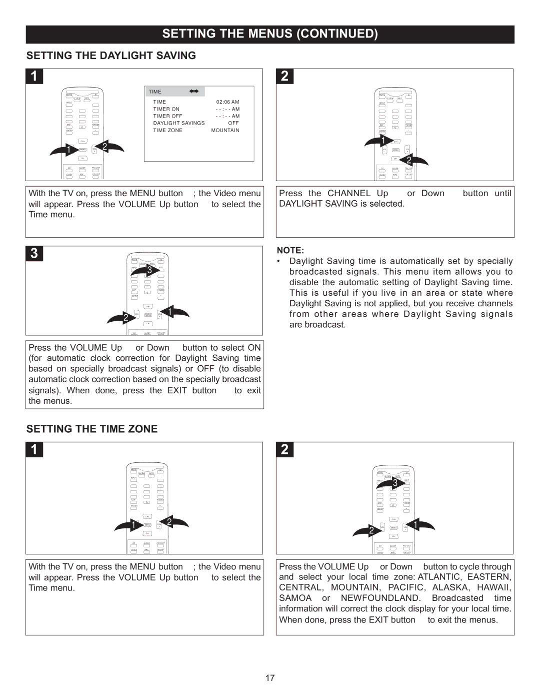 Memorex MT2028D-BLK manual Setting the Daylight Saving, Setting the Time Zone, CENTRAL, MOUNTAIN, PACIFIC, ALASKA, Hawaii 