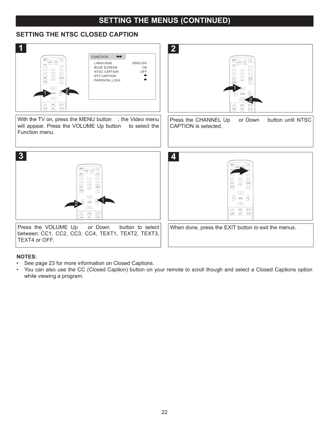 Memorex MT2028D-BLK manual Setting the Ntsc Closed Caption 